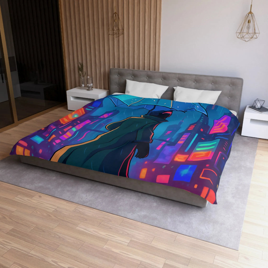 Housse de Couette Design Futuriste Ville Néon avec Parapluie et Pluie Nocturne