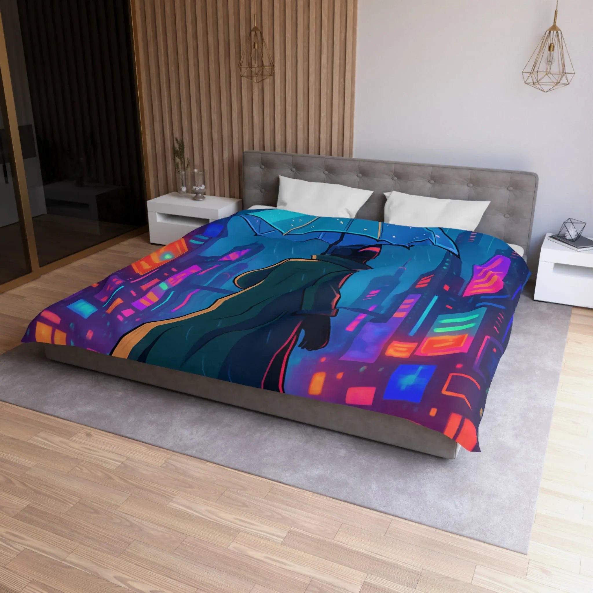 Housse de Couette Design Futuriste Ville Néon avec Parapluie et Pluie Nocturne