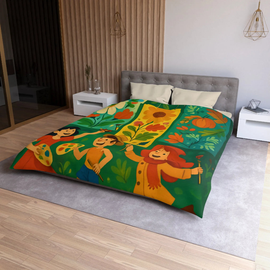 Housse de couette colorée avec design floral et personnages ludiques pour chambre joyeuse