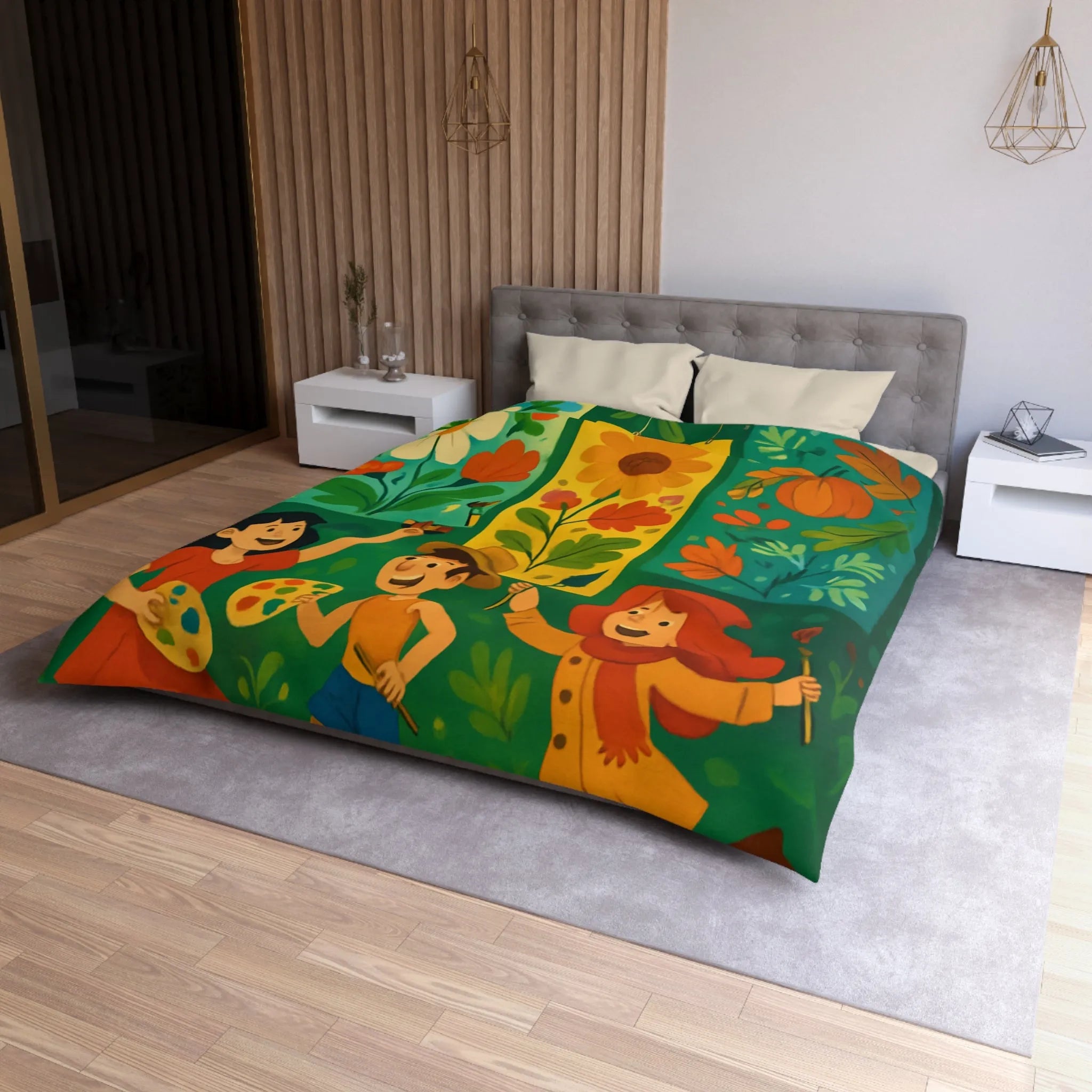 Housse de couette colorée avec design floral et personnages ludiques pour chambre joyeuse