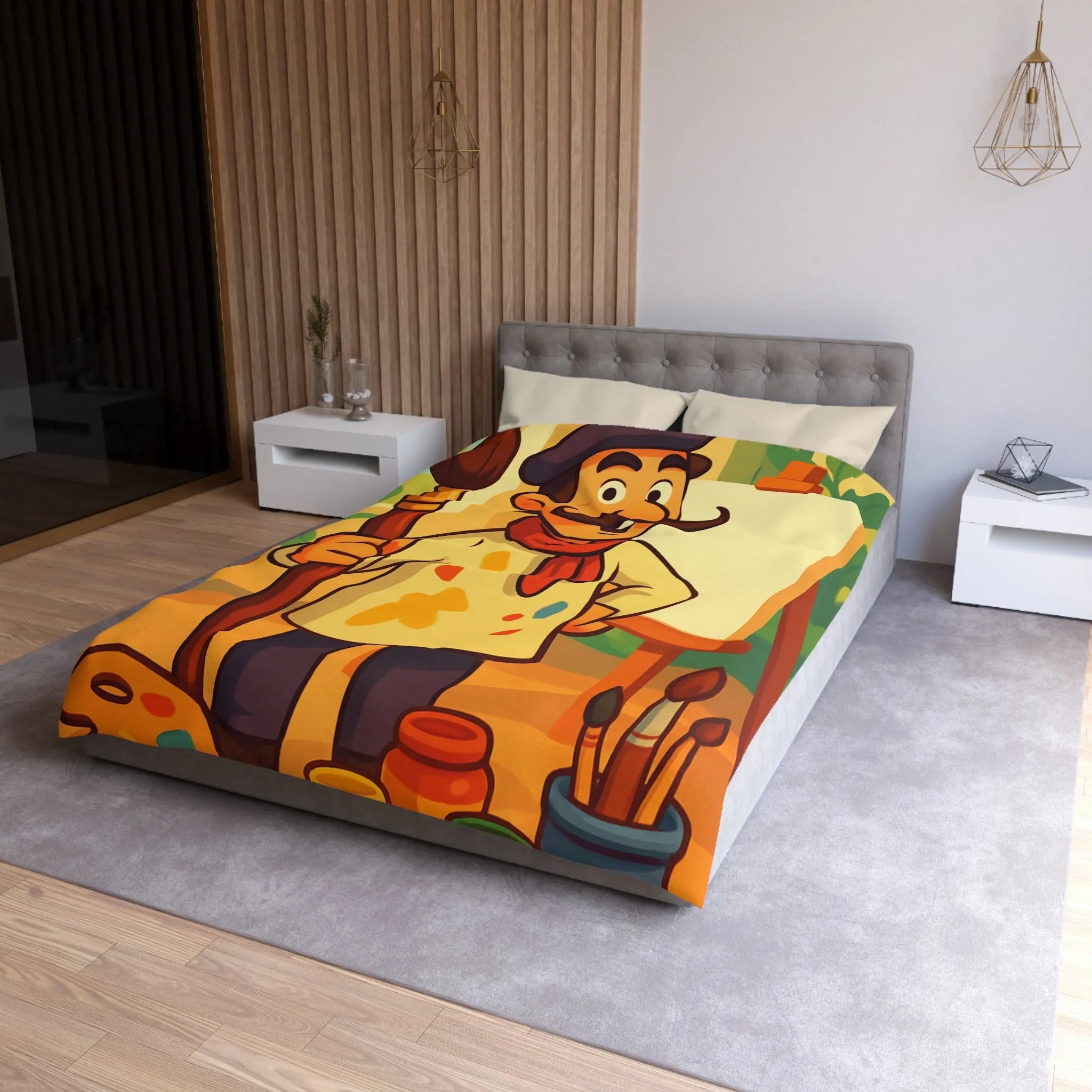 Housse de couette artiste moustachu amusant avec chevalet, pinceaux et pots de peinture