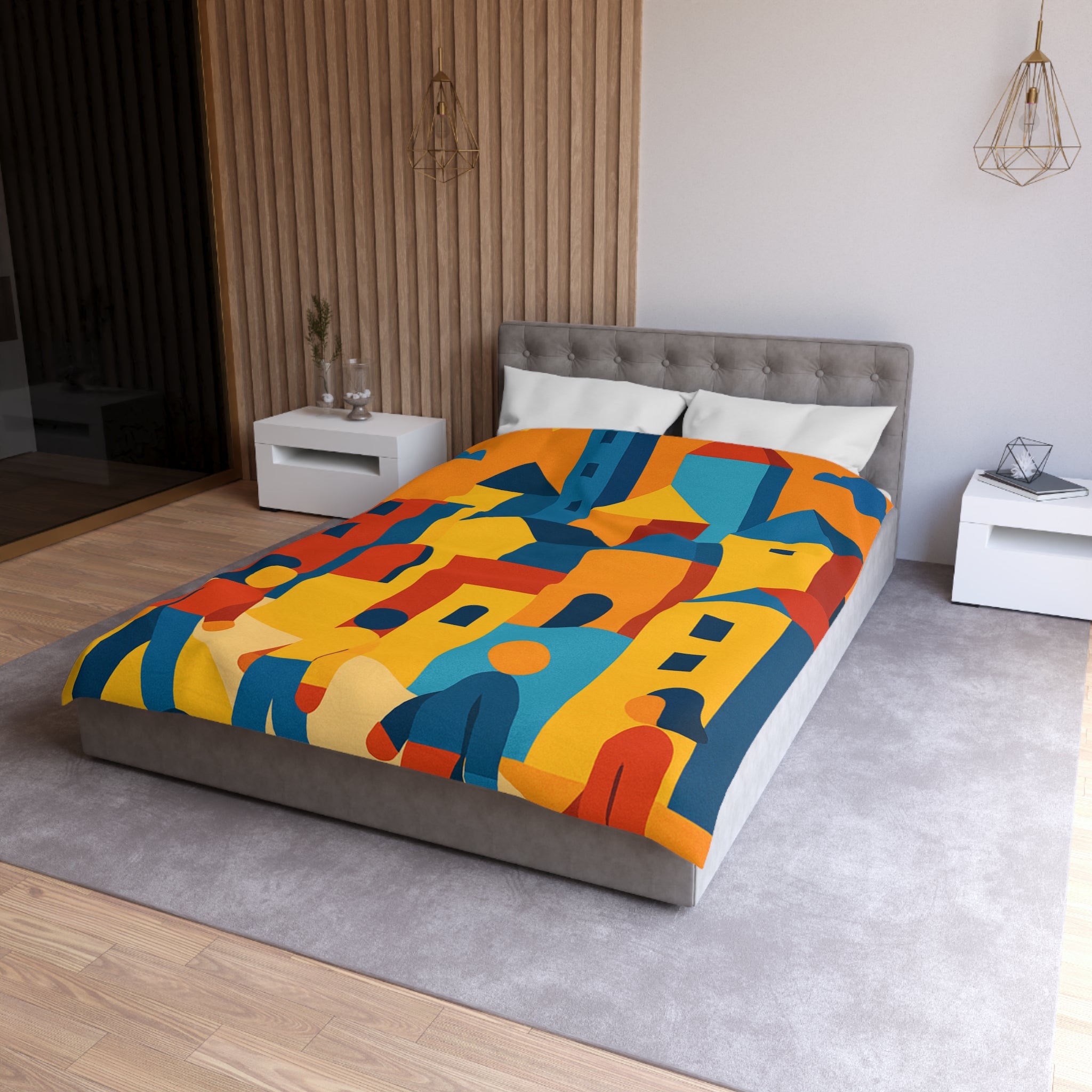 Housse de Couette Moderniste aux Couleurs Chaudes Illustrant Ville Effervescente et Silhouettes Humaines