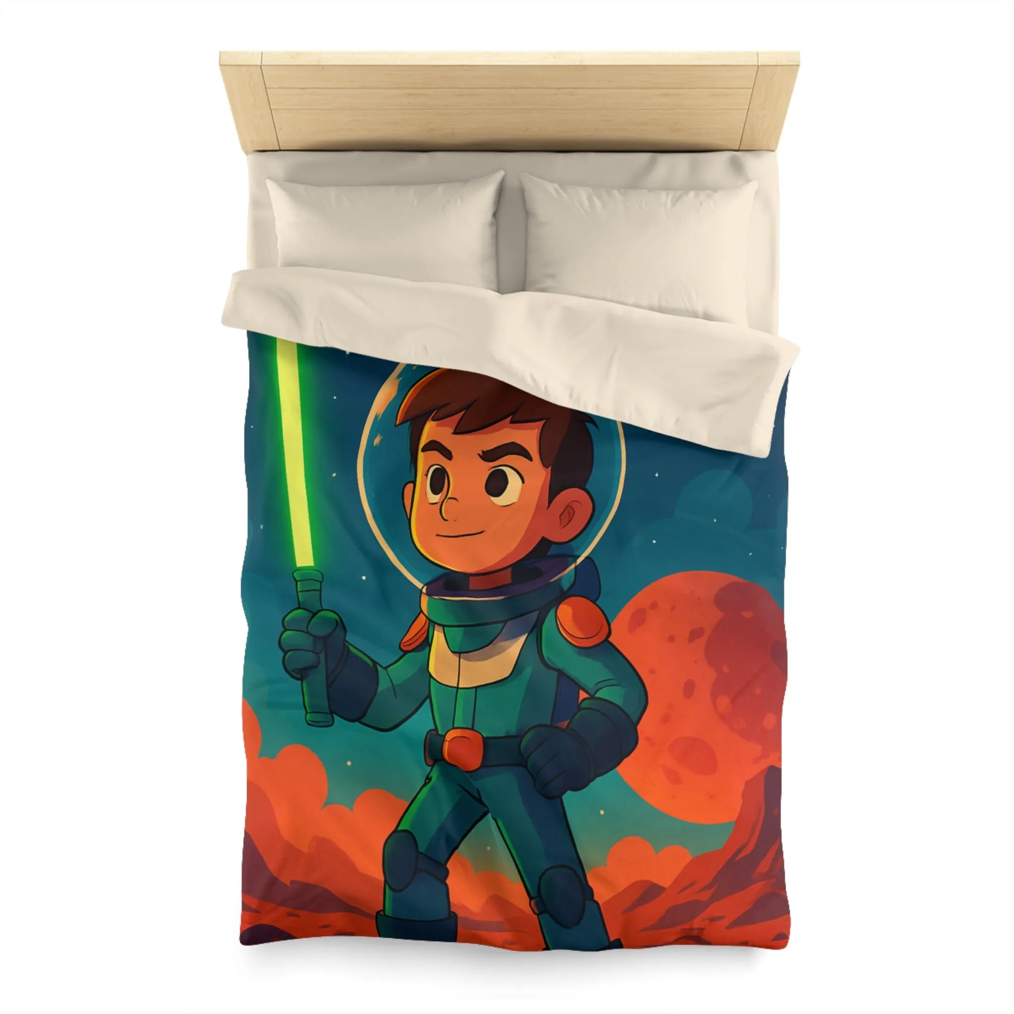 Housse de couette illustrée avec enfant astronaute et épée dans l'espace coloré