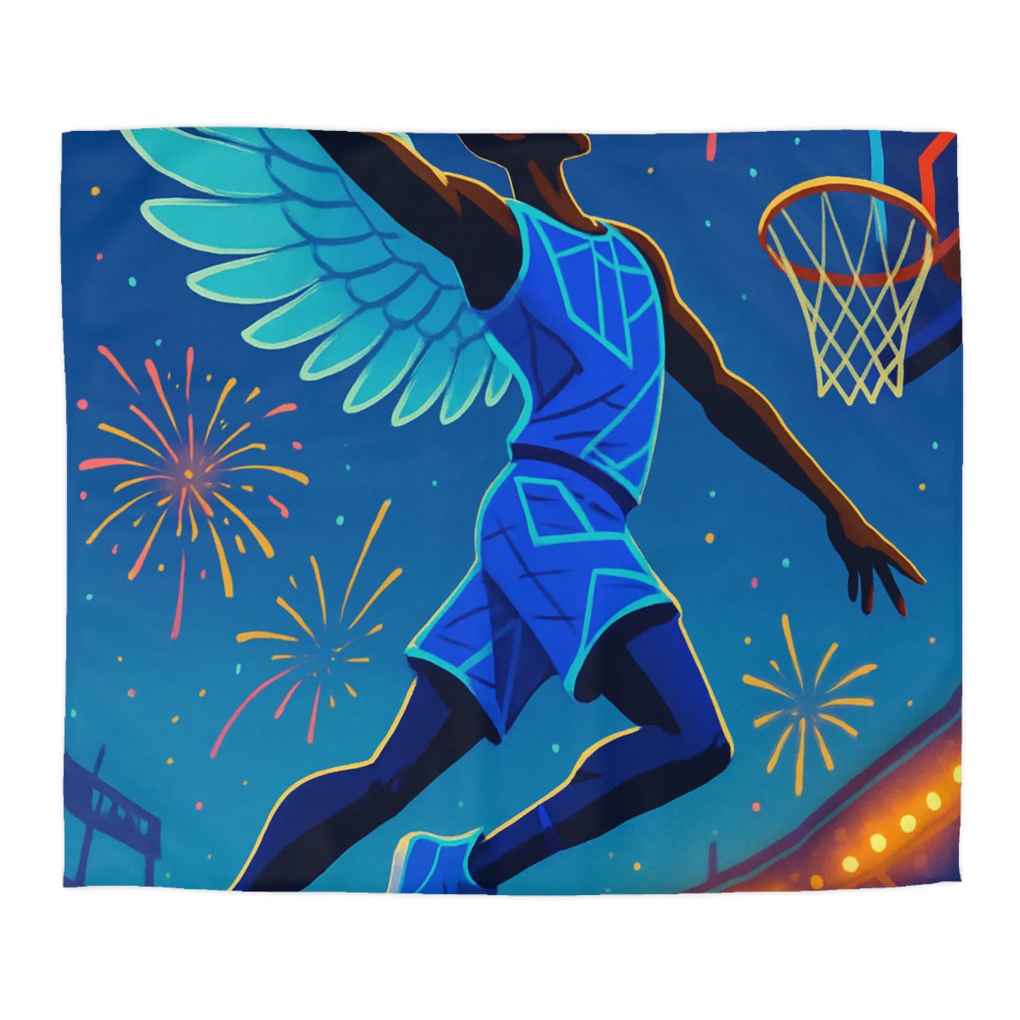 Housse de couette avec joueur de basket volant sous un ciel étoilé lumineux
