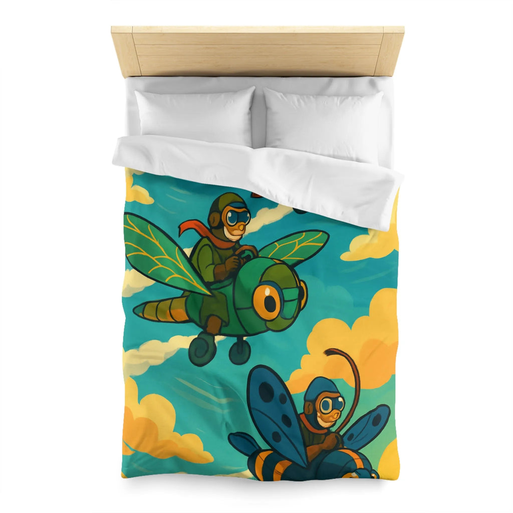 Housse de couette avec motif ludique d'avions insectes sur fond de ciel coloré