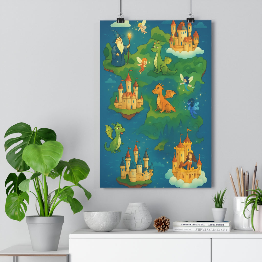 Poster décoratif fantastique féerique vert bleu orange enfant chambre jeu aventure magique carte 30x46