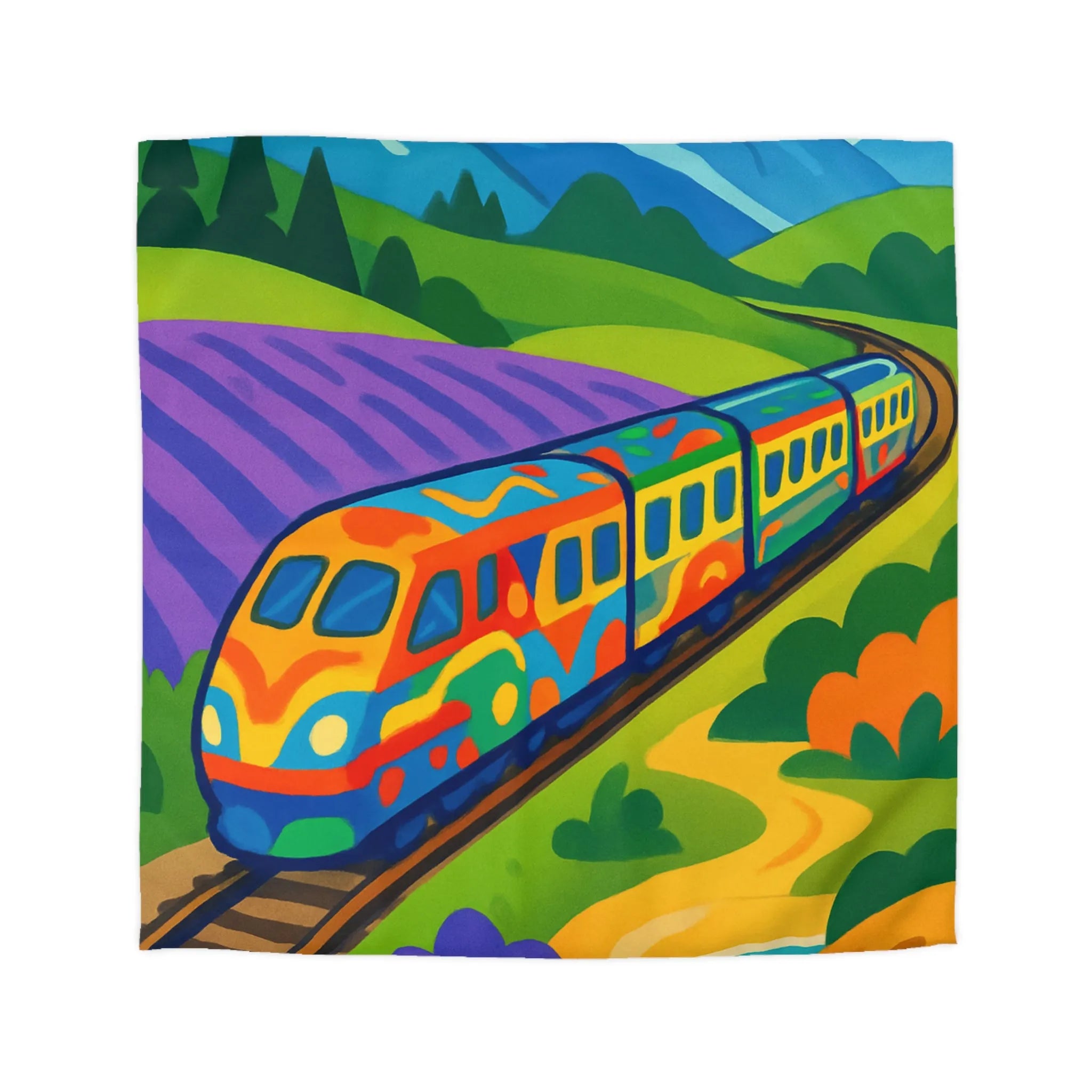 Housse de Couette Colorée avec Paysage de Train et Montagnes Pittoresques