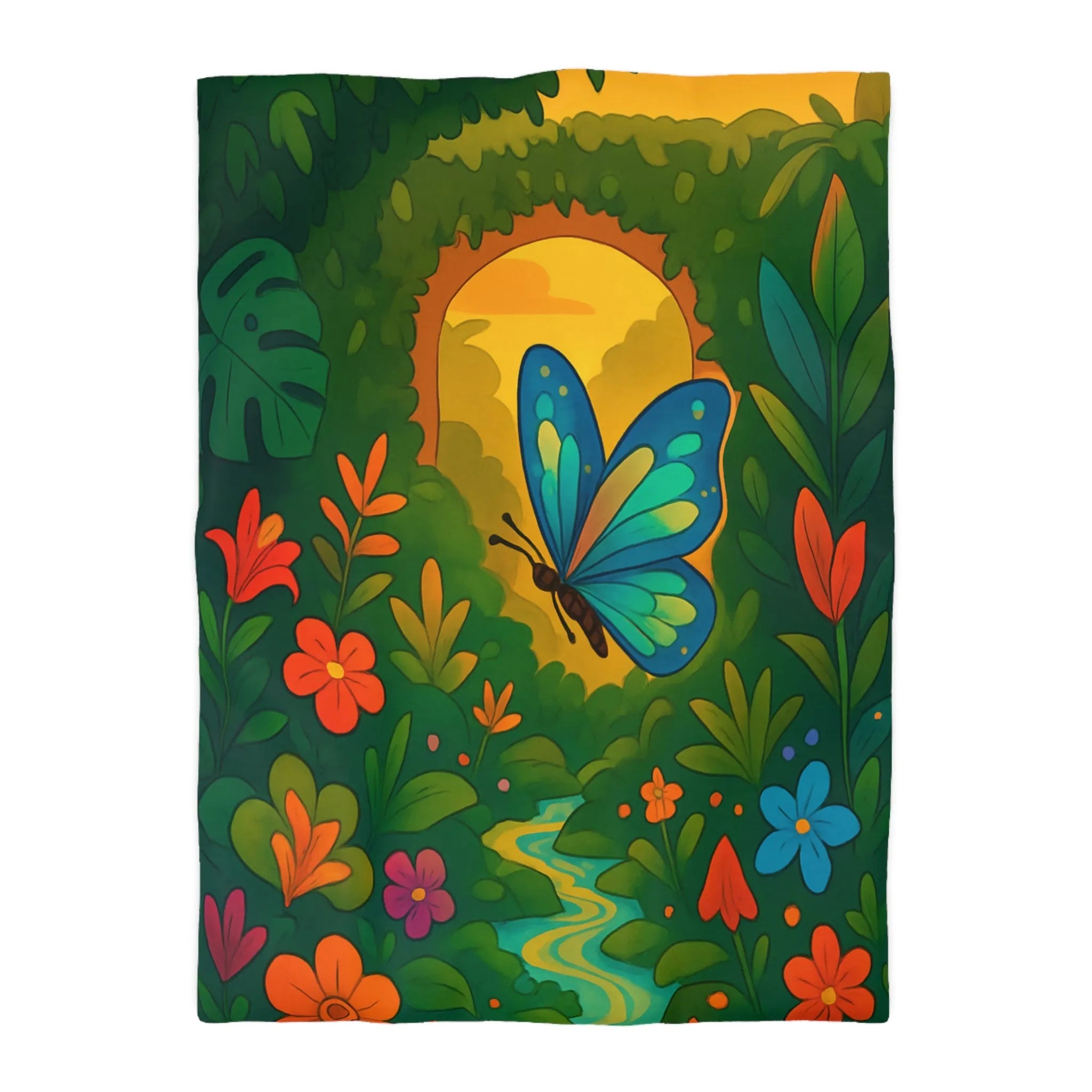Housse de Couette avec Papillon et Jungle Colorée pour Chambre Enfant Éclatante Nature