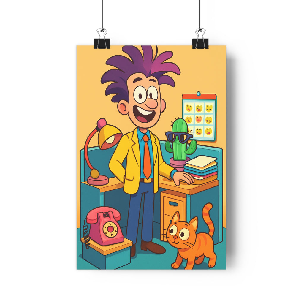 Poster décoratif jaune orange animé coloré cartoon joyeux bureau enfant personnage souriant cheveux fantaisie