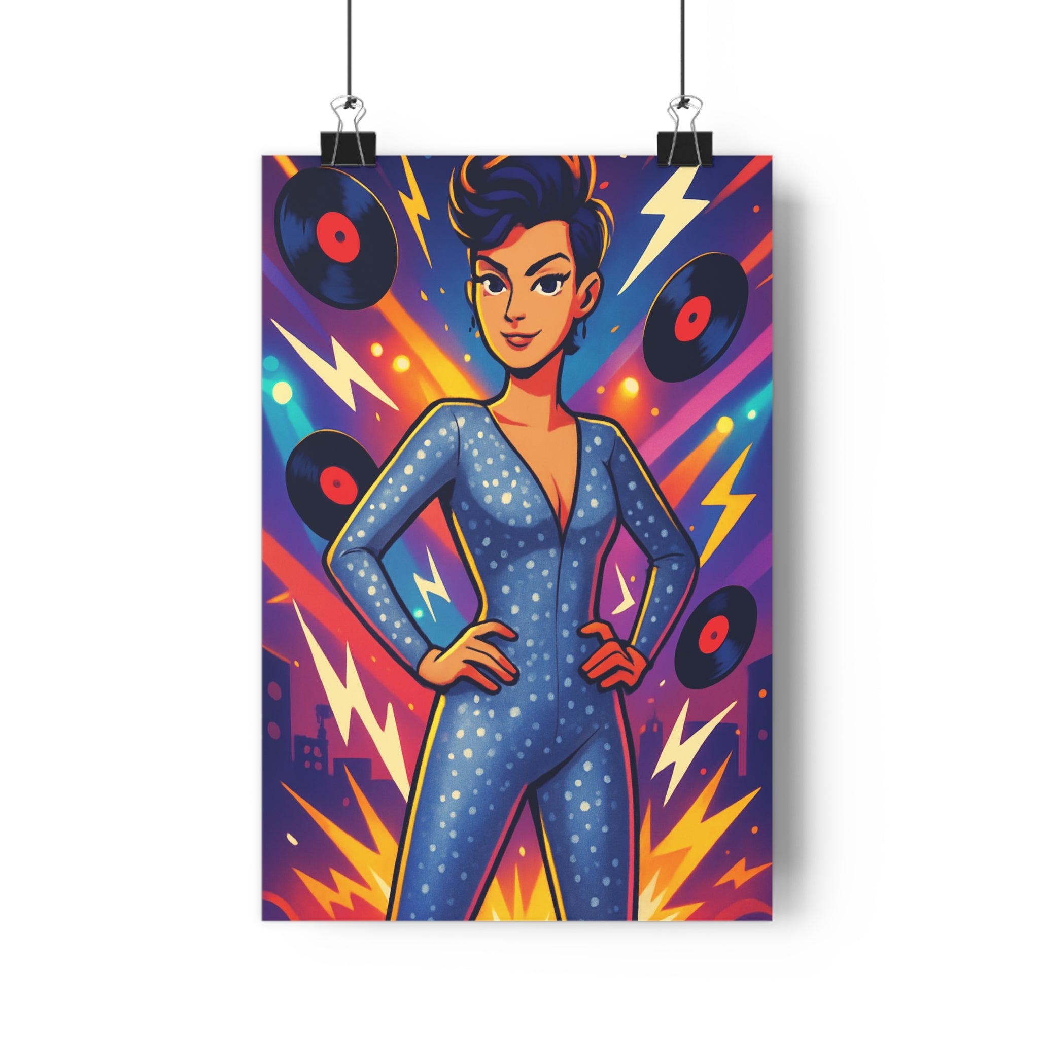 Poster décoratif glamour électrique anime moderne bleu violet orange dynamique féminin salon tendance éclair