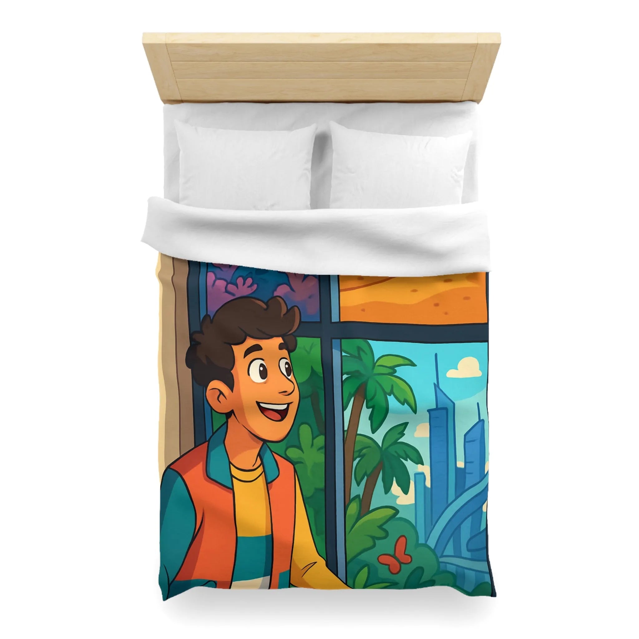 Housse de couette colorée avec paysage marin, désertique et urbain pour chambre d'enfant