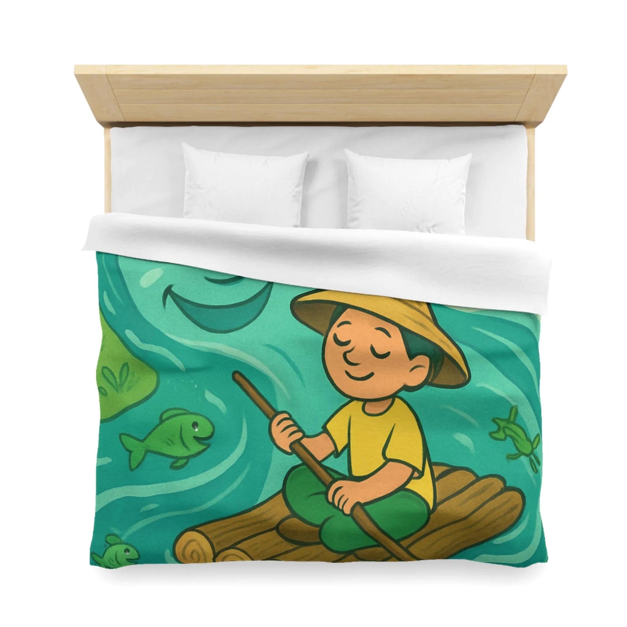 Housse de Couette Enfant avec Illustration Rêveuse de Rivière et Pêcheur Heureux