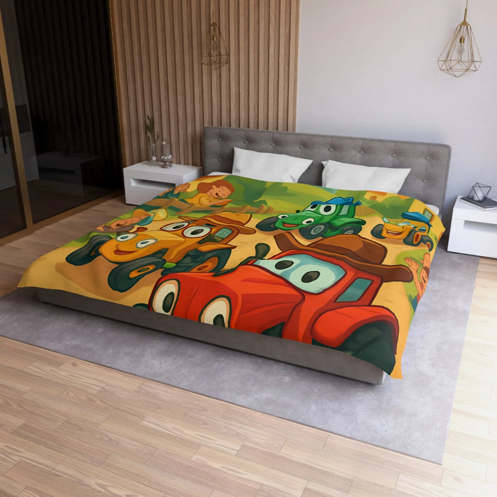 Housse de Couette Enfants Motif Tracteurs Souriants Champs Paysans Ensoleillés et Amusants