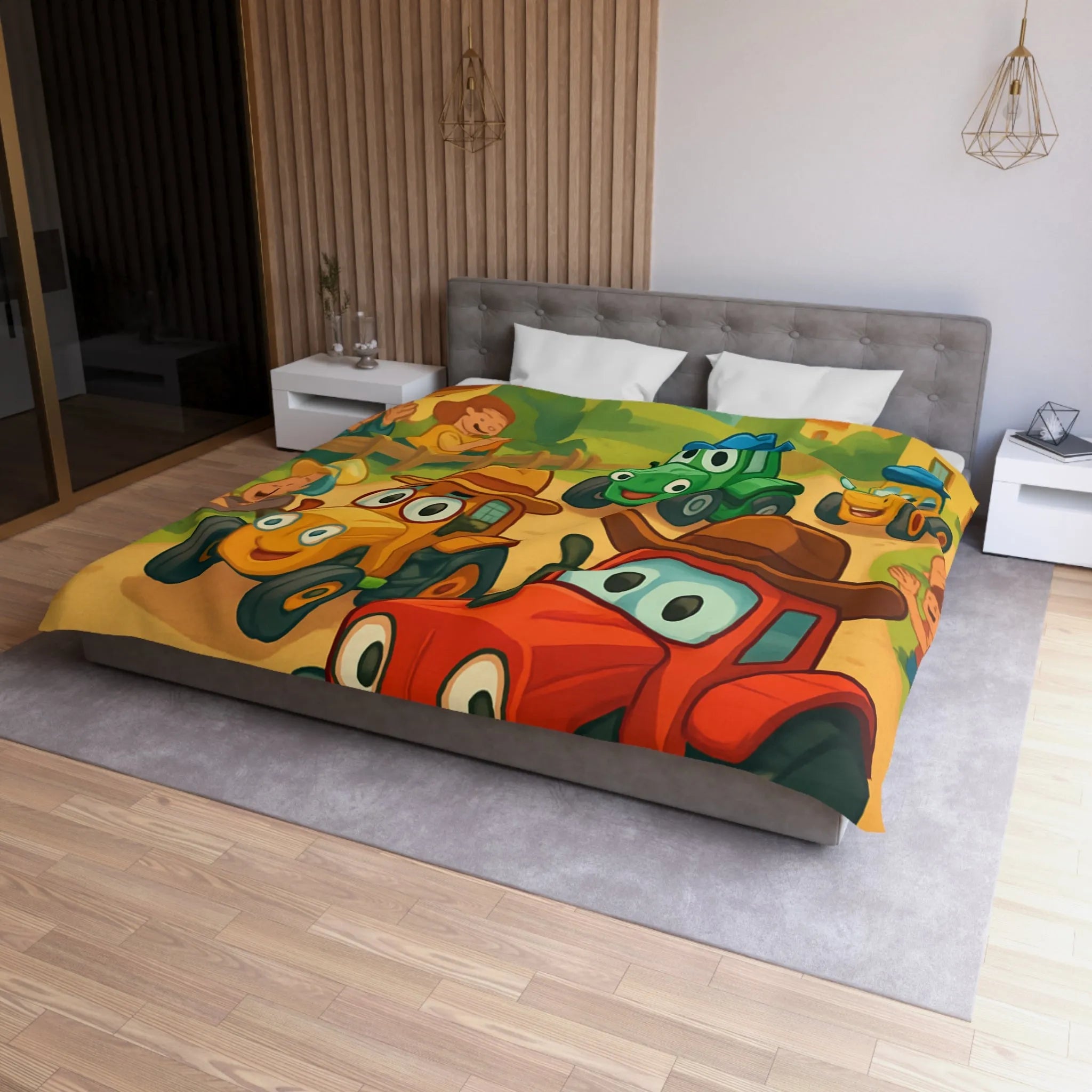 Housse de Couette Enfants Motif Tracteurs Souriants Champs Paysans Ensoleillés et Amusants