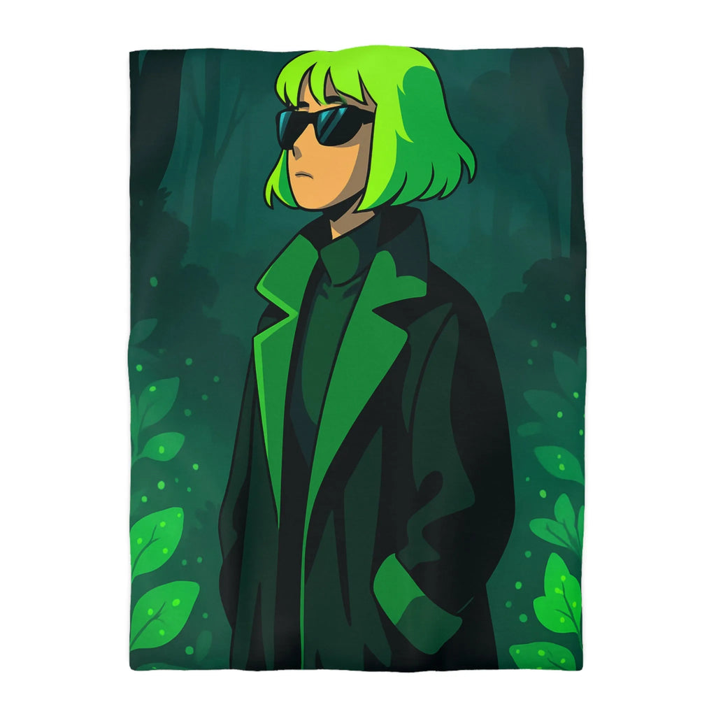 Housse de couette forêt graphique avec personnage mystérieux et nuances vertes élégantes