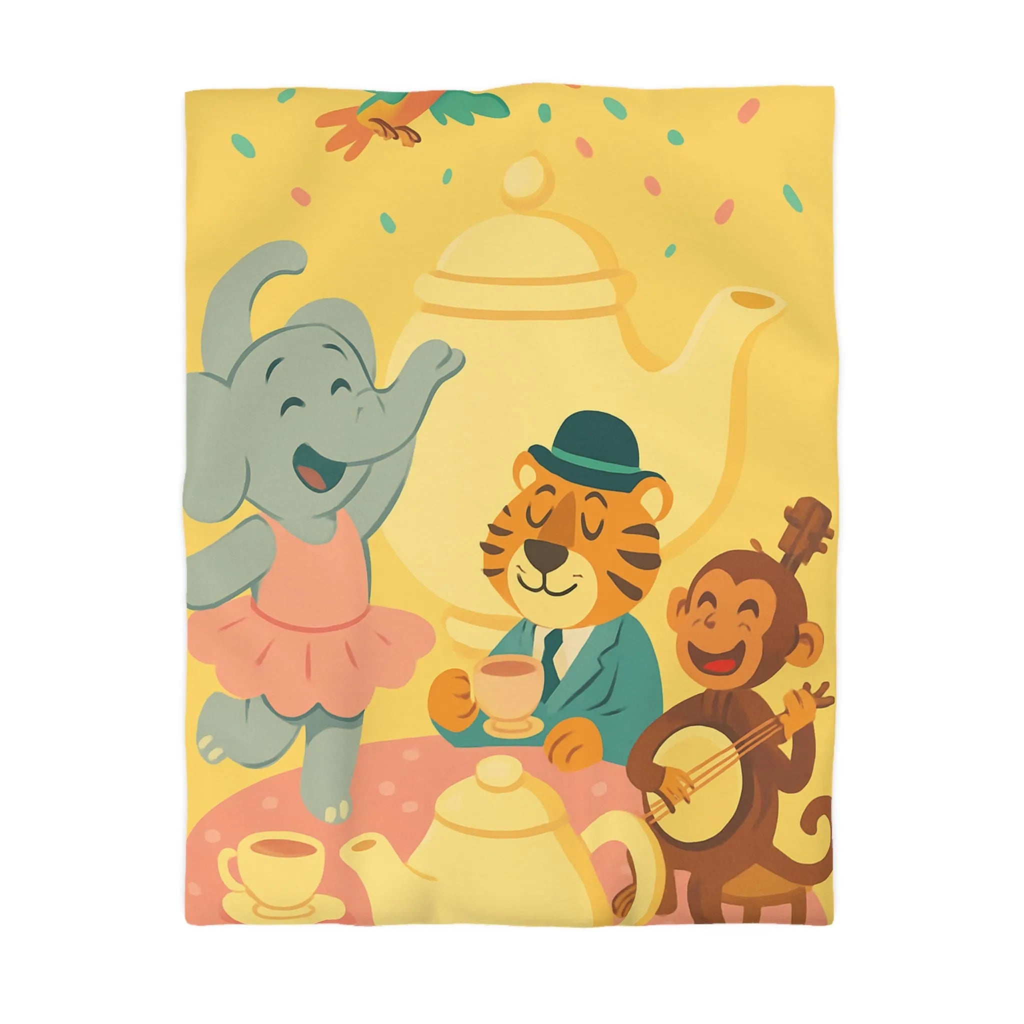 Housse de couette enfantine colorée avec éléphant, tigre et singe en fête joyeuse