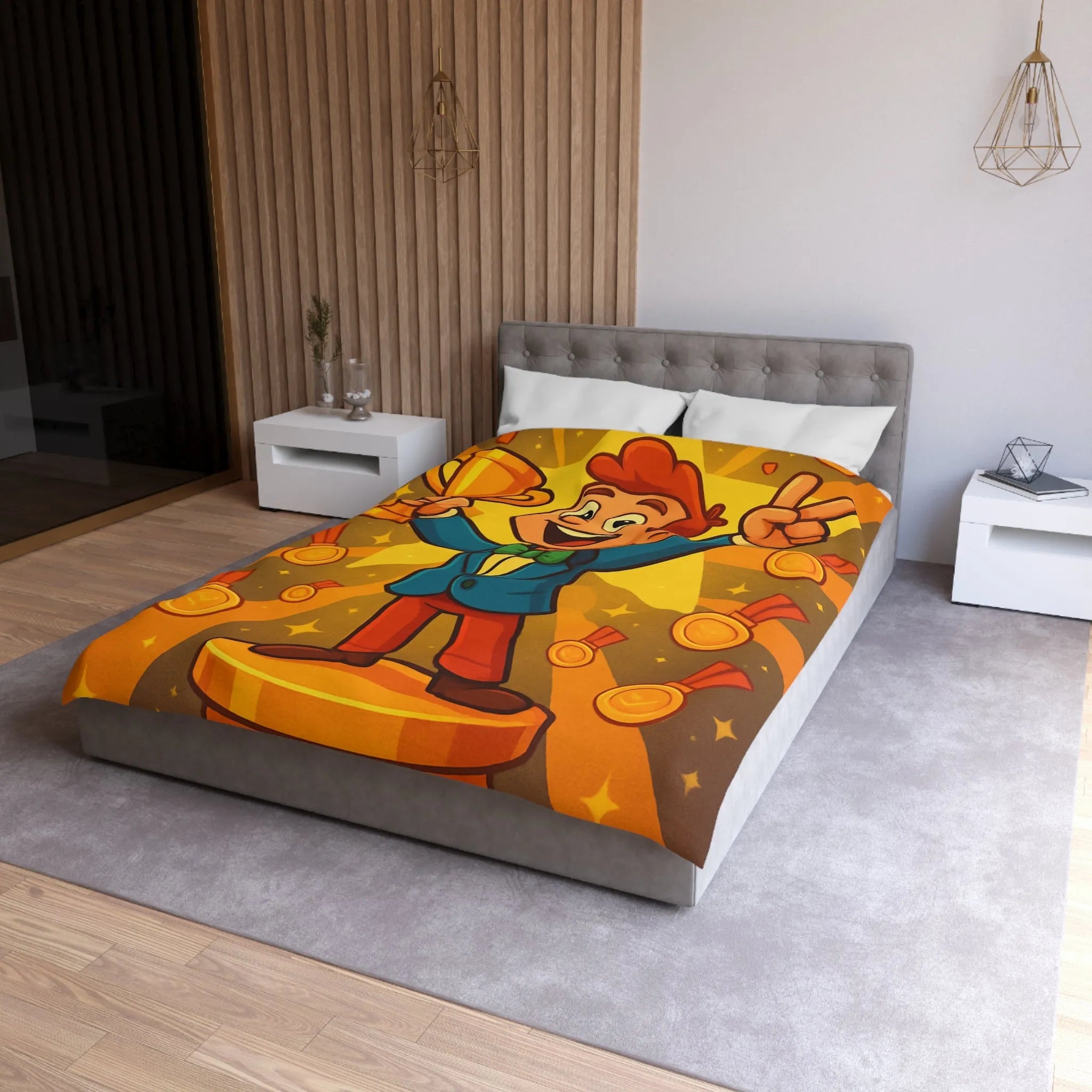 Housse de Couette Enfant avec Illustration Jeune Champion Débordant de Joie et Médailles