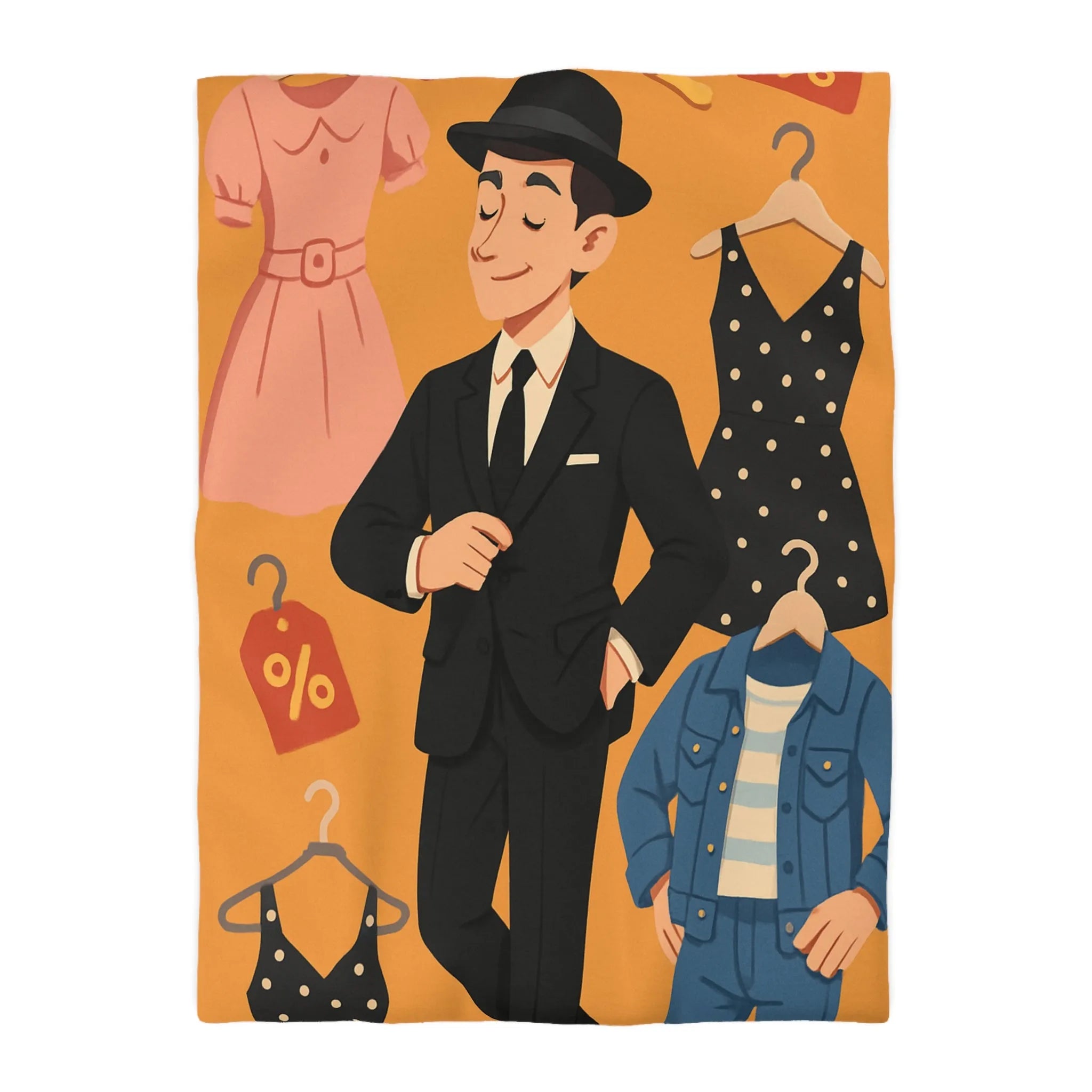 Housse de couette élégante motif magasin de vêtements homme noir et tenues rétro