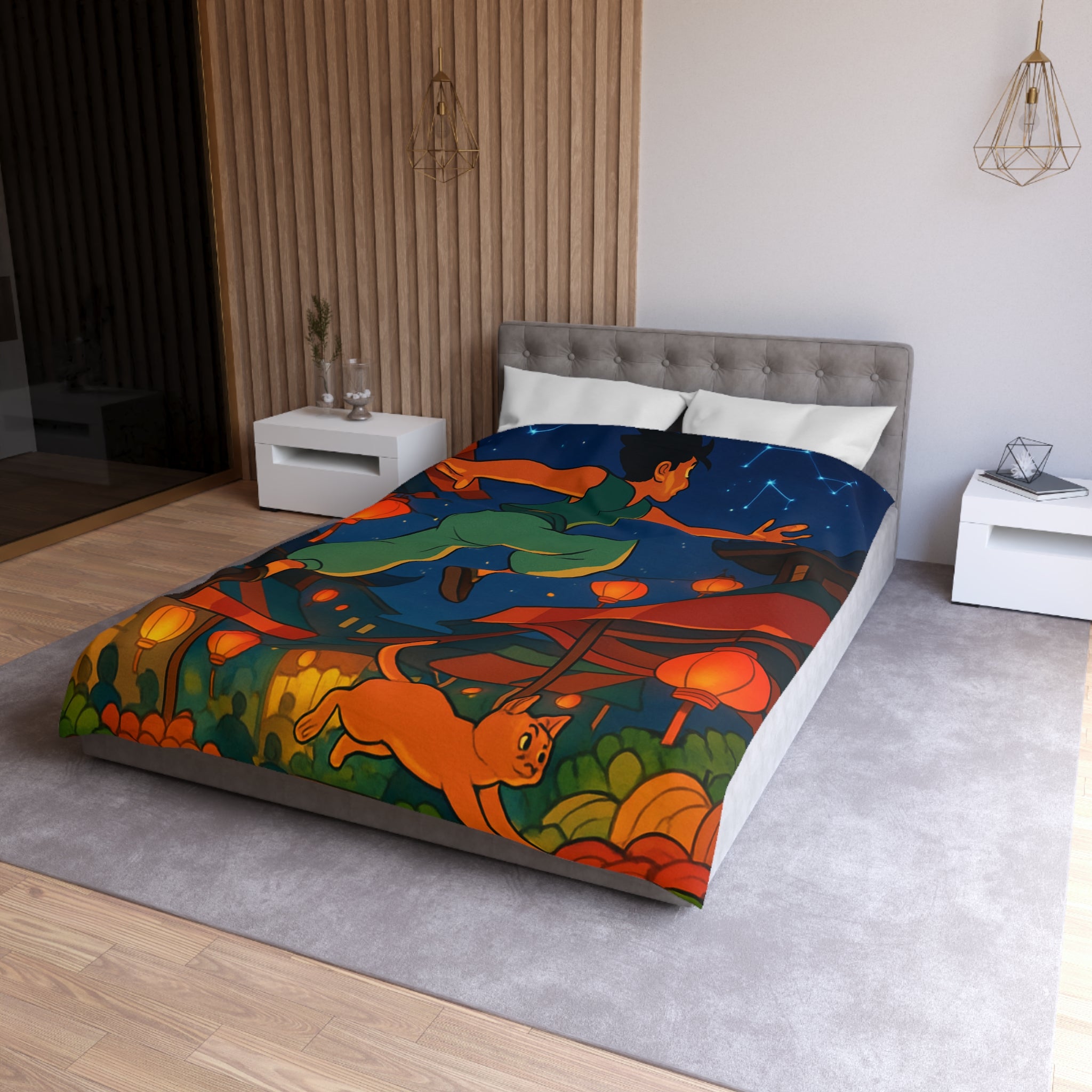 Housse de couette vibrante inspirée d'une scène de marché asiatique nocturne étoilé