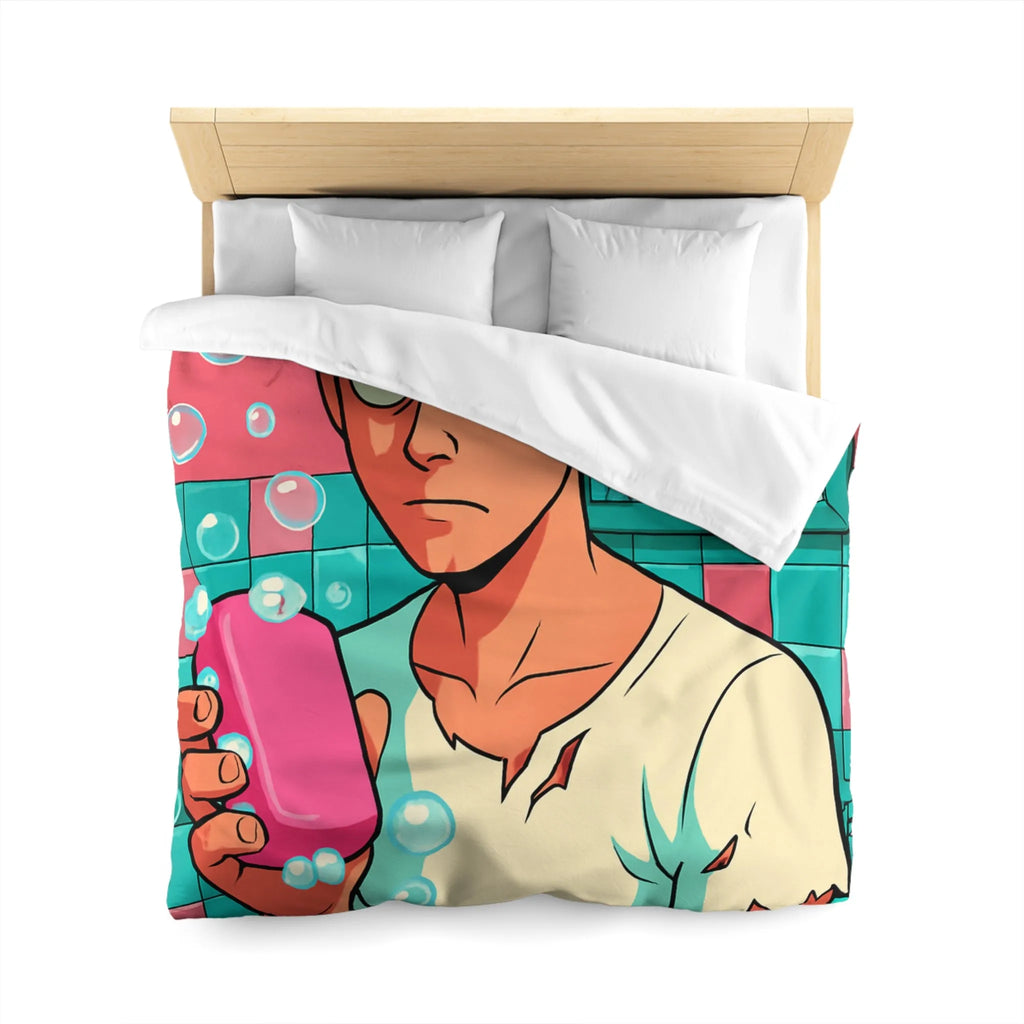 Housse de Couette avec Jeune Homme Déterminé Tenant Un Savon Rose en Colère