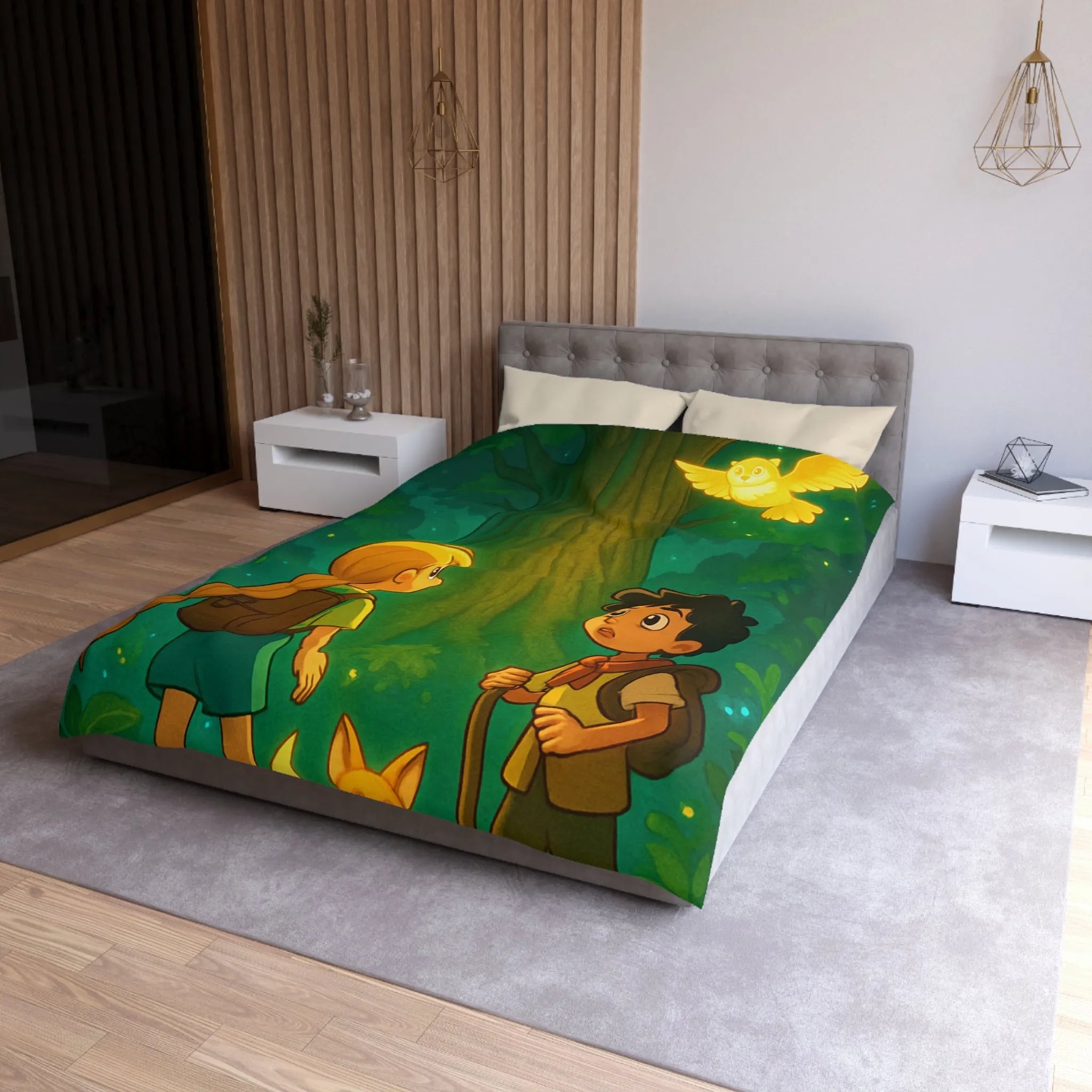 Housse de couette forêt enchantée avec enfants, renard et hibou lumineux