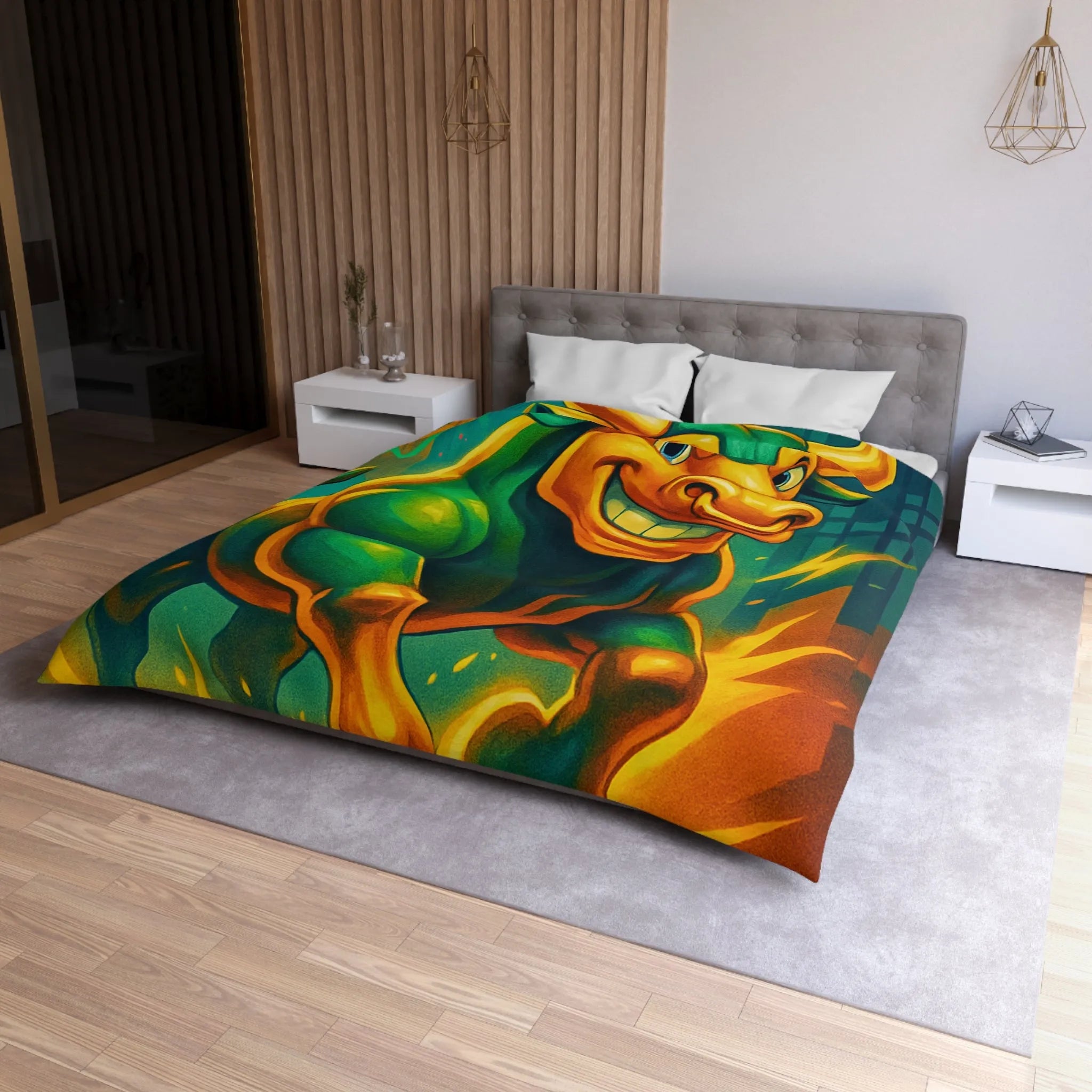 Housse de couette dynamique avec taureau optimiste et flèches de croissance urbaine