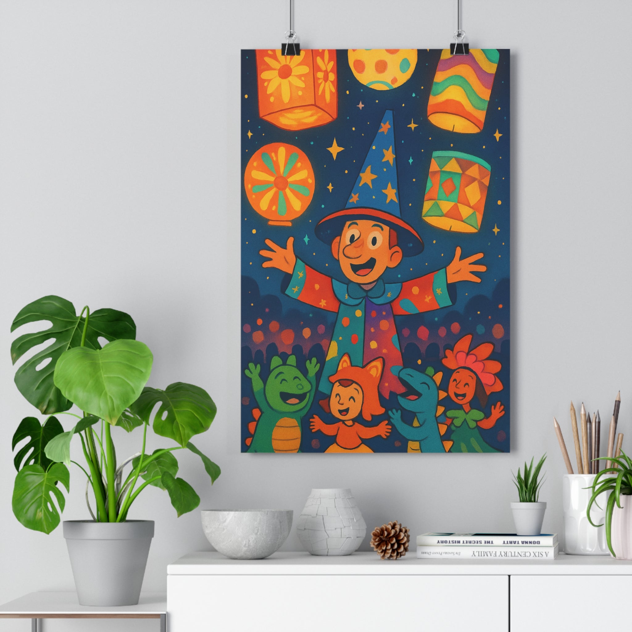 Poster décoratif enchanteur bleu orange vert jaune joyeux enfant chambre festival magique lanternes créatif