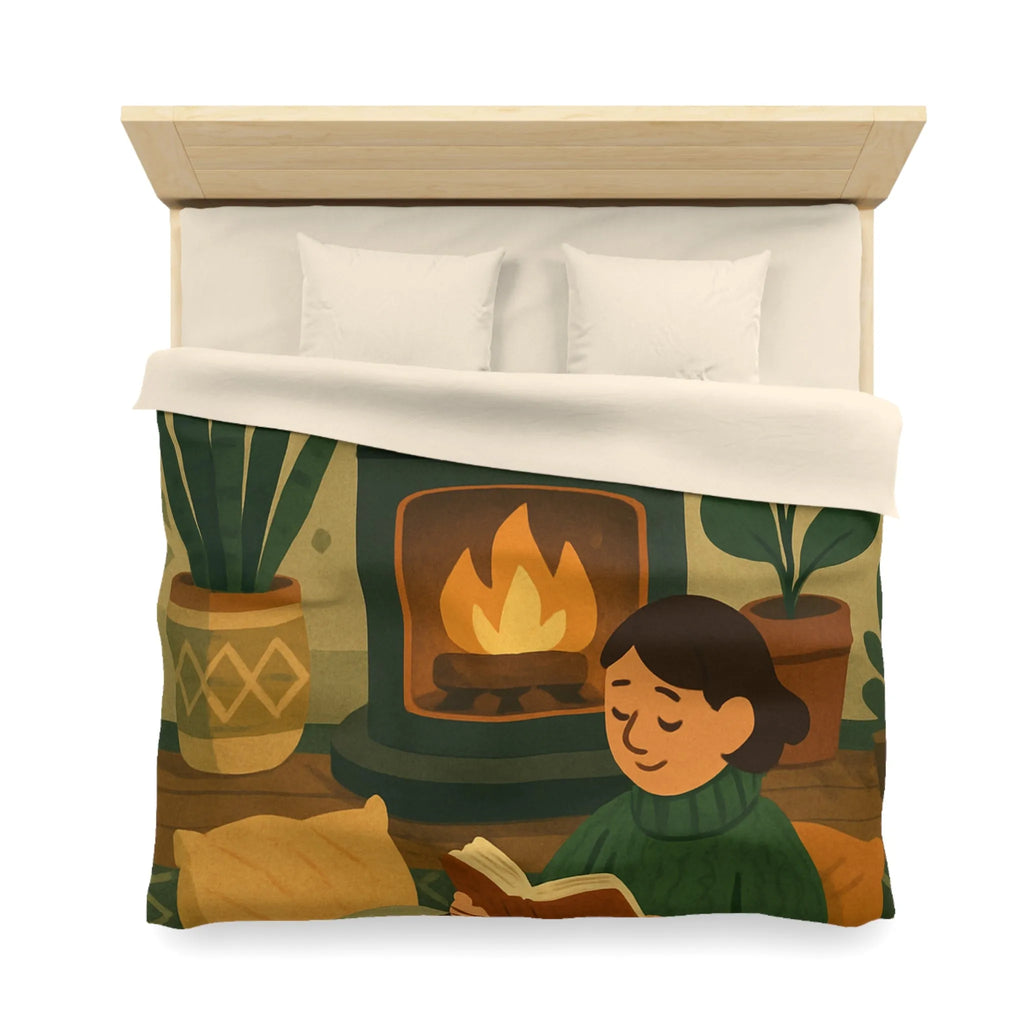 Housse de couette cosy avec cheminée et ambiance hygge, style scandinave relaxant