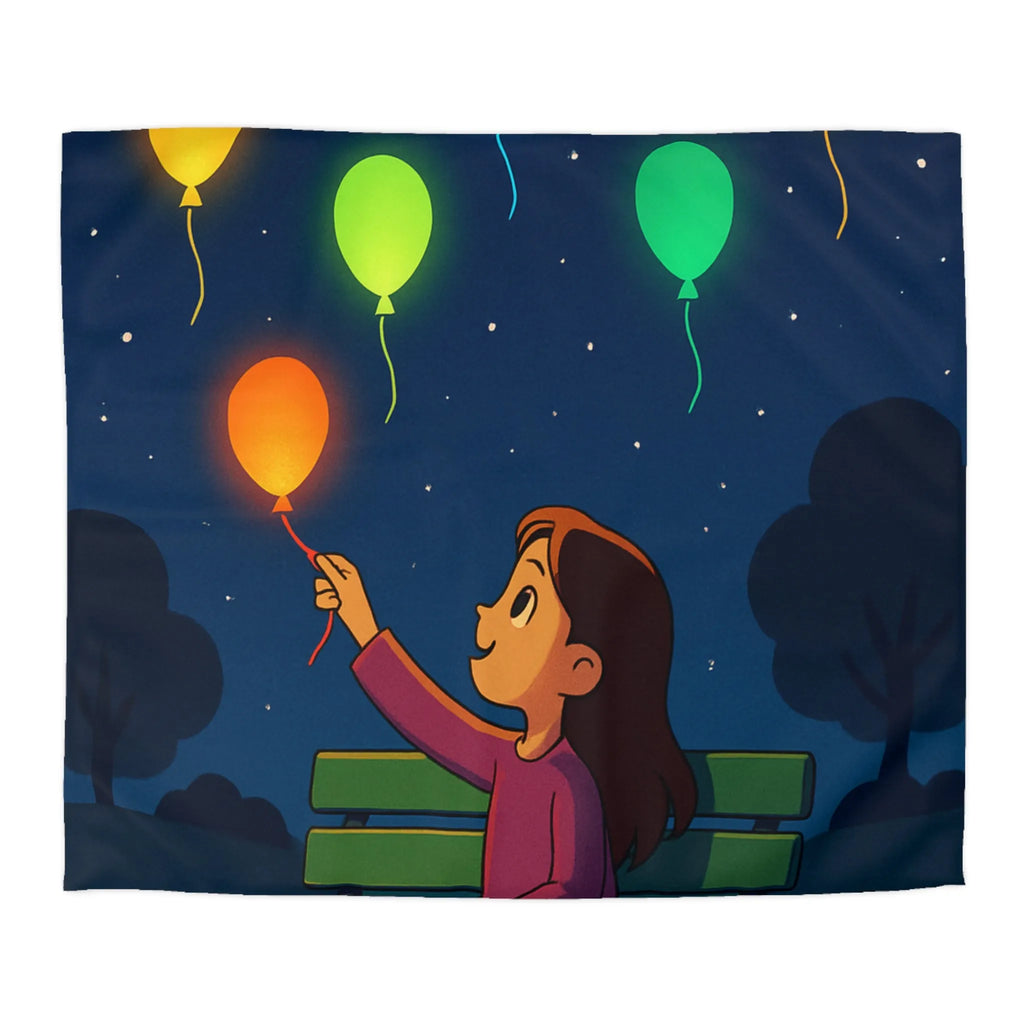 Housse de couette colorée avec ballons lumineux flottant dans un ciel étoilé magique