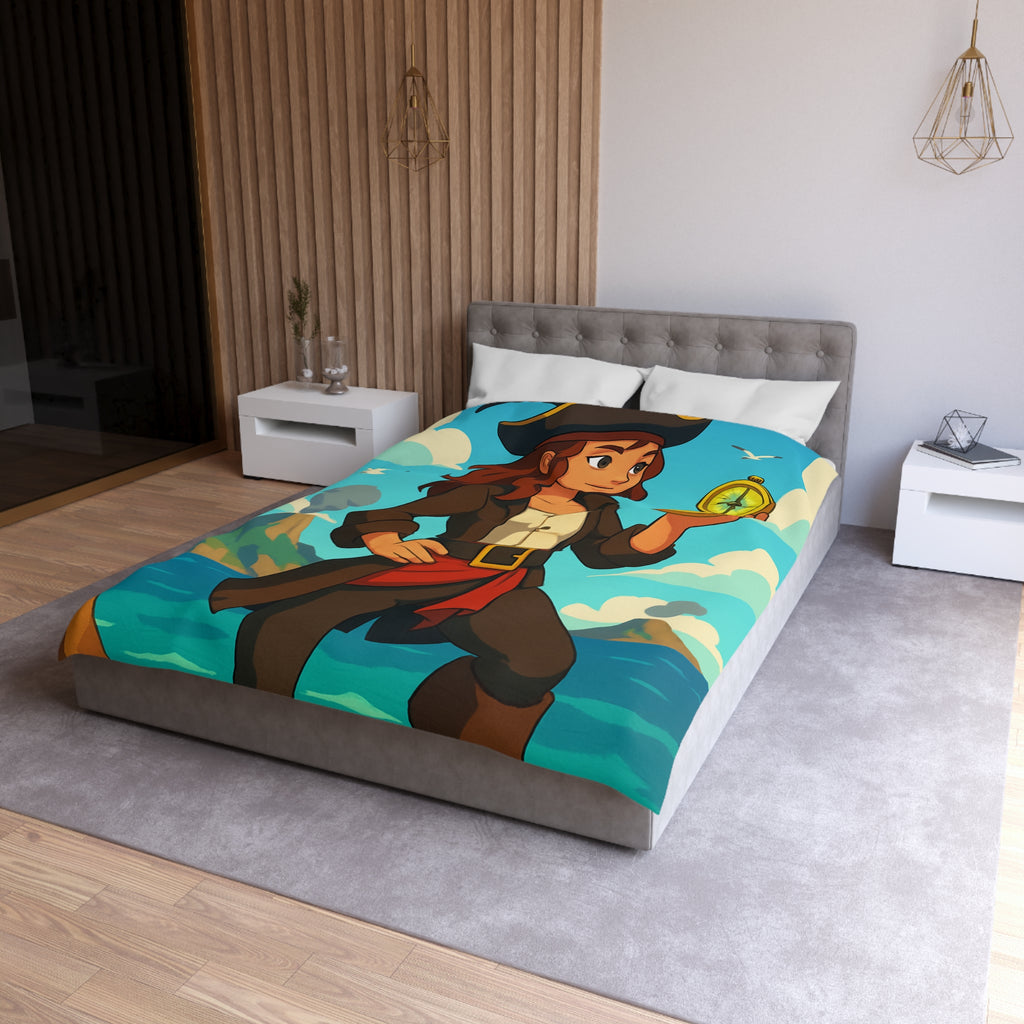 Housse de couette piraterie avec paysage maritime et aventurière avec boussole