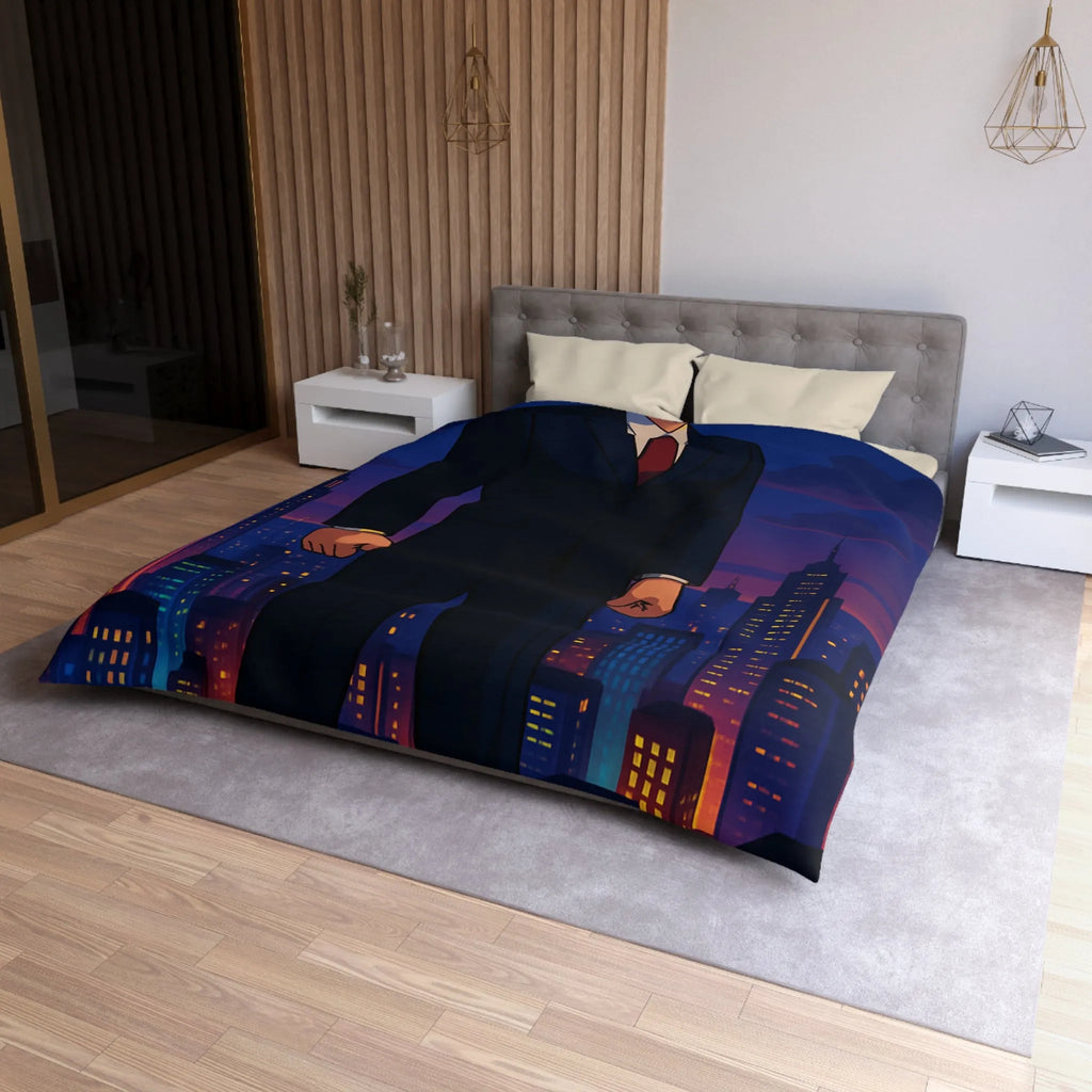 Héros musclé en costume noir observant la ville illuminée au crépuscule animé