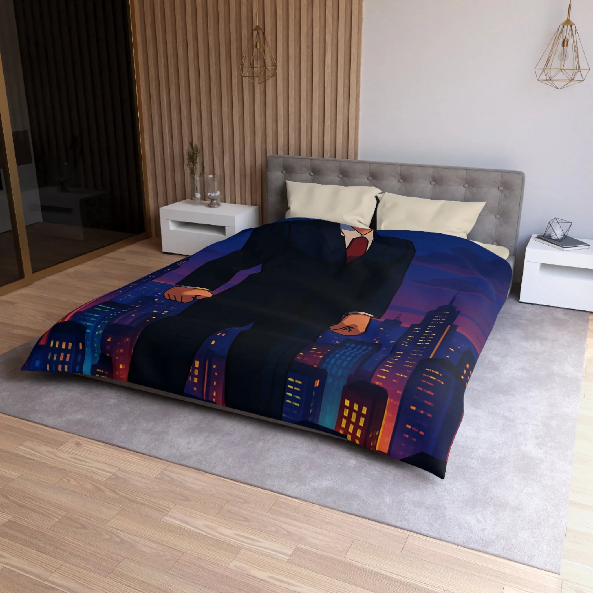 Héros musclé en costume noir observant la ville illuminée au crépuscule animé