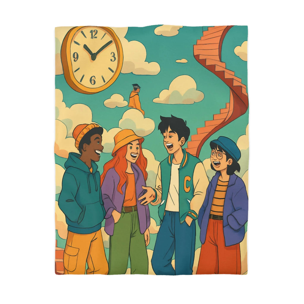 Housse de couette jeune amis rient sous escalier nuages horloge ciel bleu