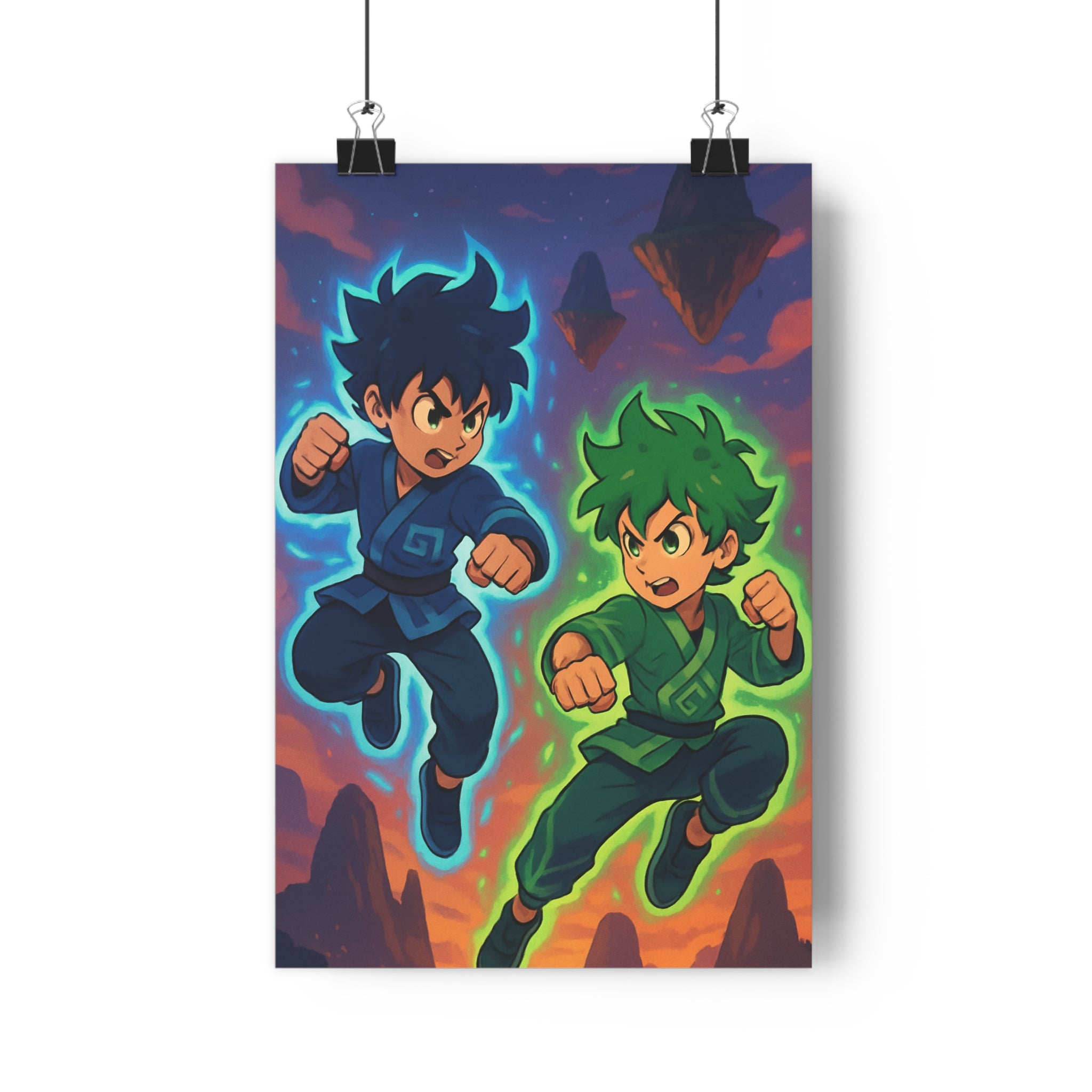 Poster décoratif anime bleu vert combat dynamique crépusculaire chambre salon énergique captivant moderne qualité