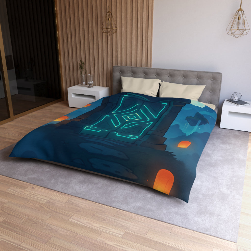 Housse de couette mystérieuse avec portail magique et lanternes flottantes sous ciel étoilé
