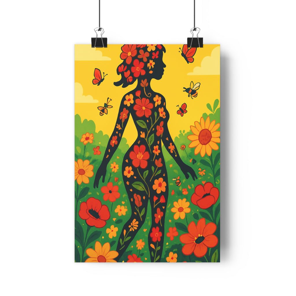 Poster décoratif fantaisie botanique floral jaune rouge vert joyeux salon chambre moderne charme artistique