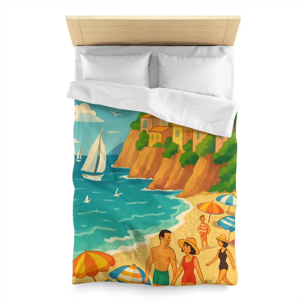 Housse de couette plage méditerranéenne avec paysages colorés et vacanciers ensoleillés