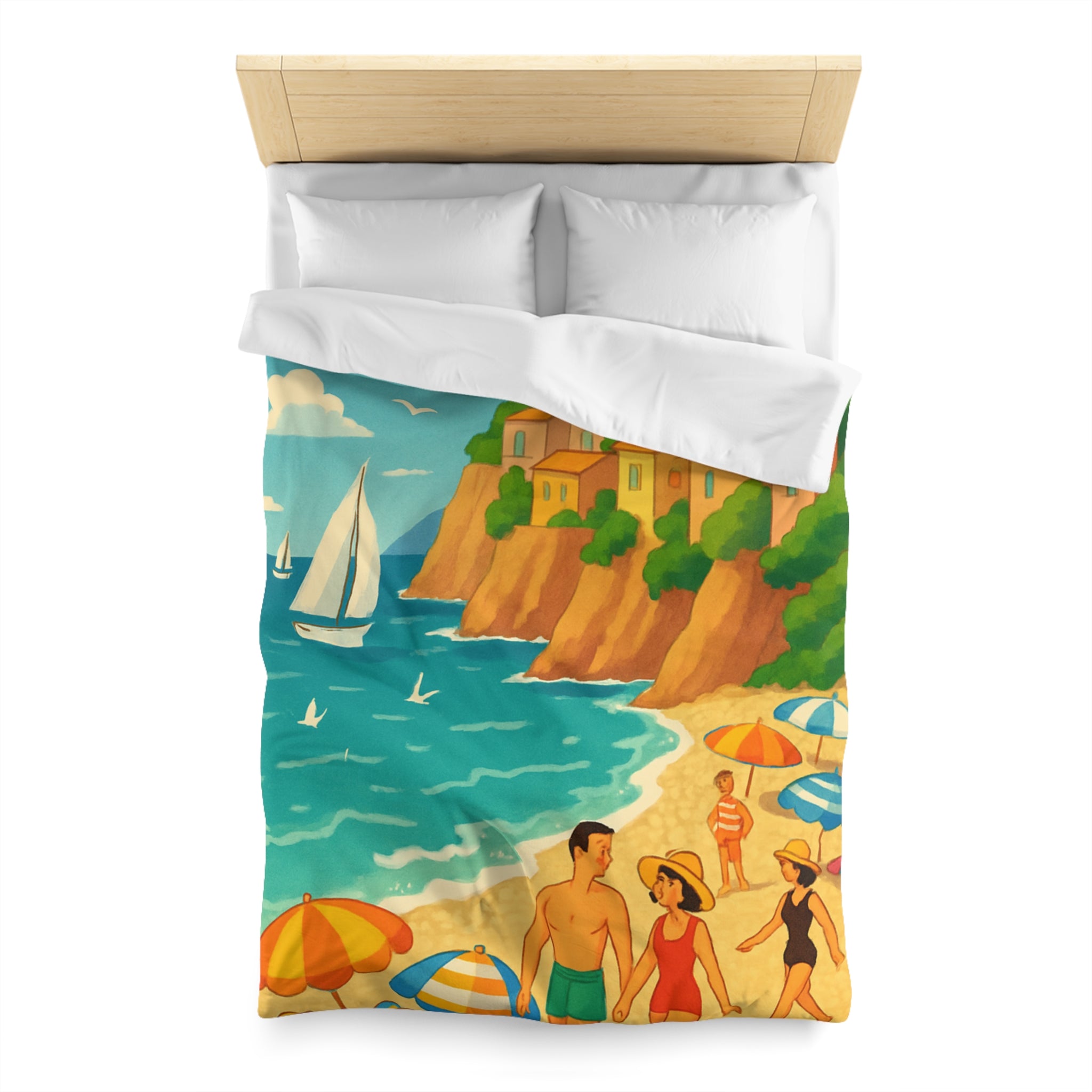 Housse de couette plage méditerranéenne avec paysages colorés et vacanciers ensoleillés