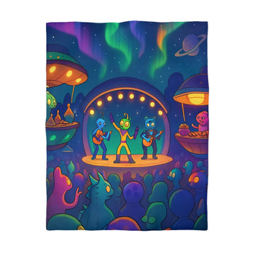 Housse de couette illustrée d'aliens en concert sous des aurores boréales éclatantes