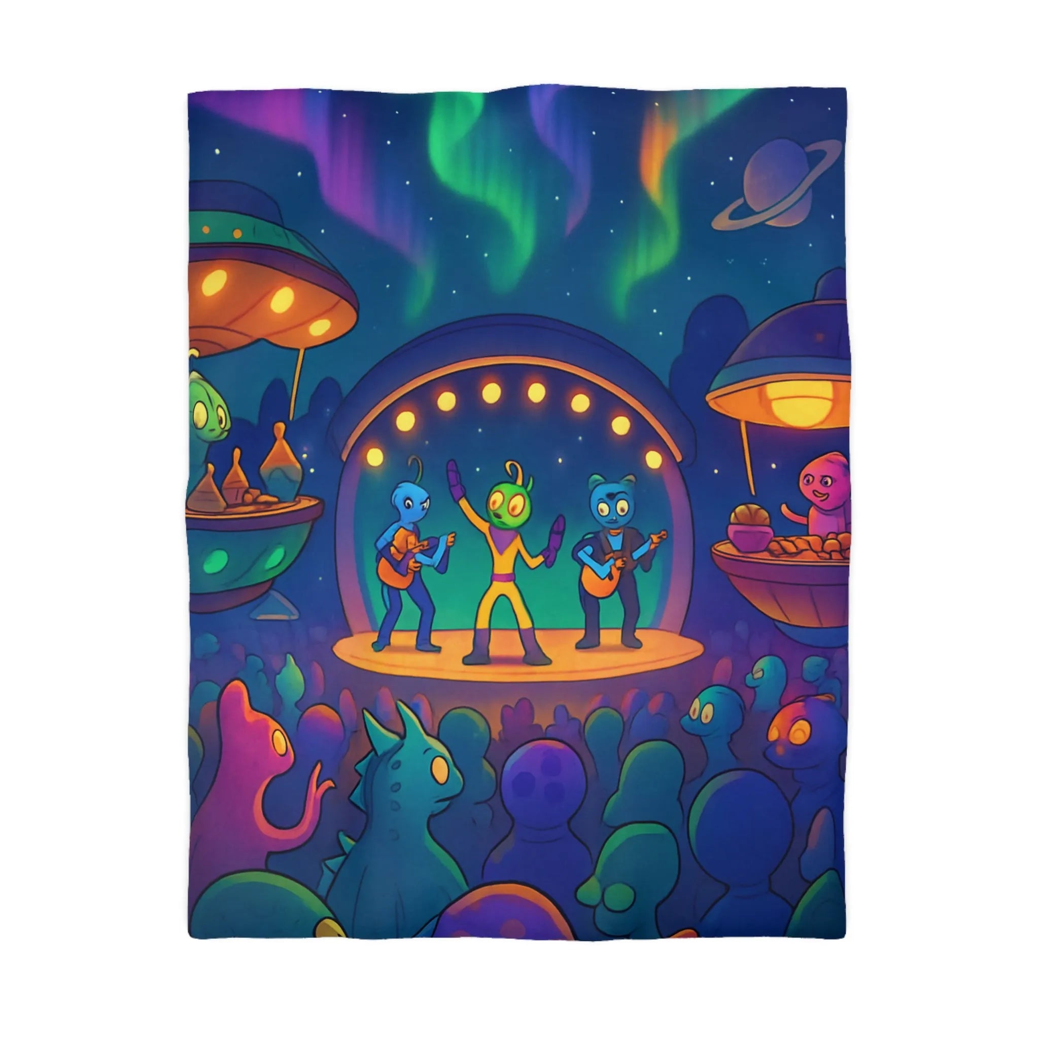 Housse de couette illustrée d'aliens en concert sous des aurores boréales éclatantes