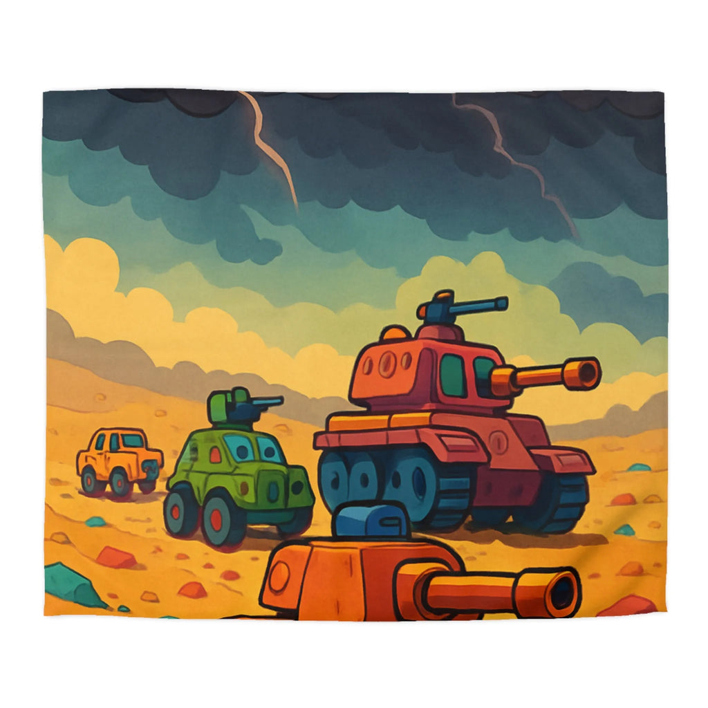 Housse de couette avec tanks colorés sur fond orageux pour chambre enfant unique