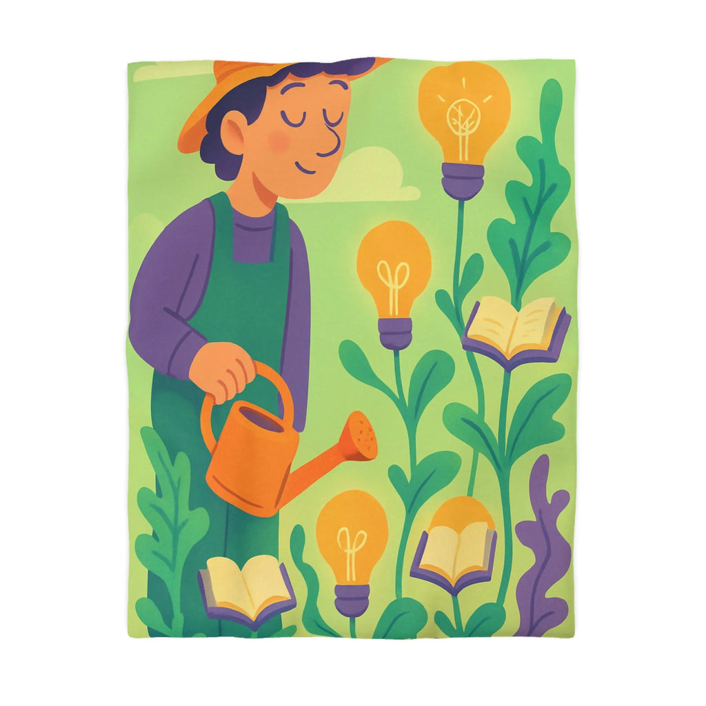 Housse de couette colorée avec jardinier arrosant plantes livres et ampoules