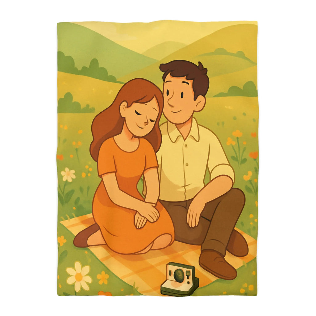 Housse de couette bucolique : couple romantique dans un champ fleuri en été