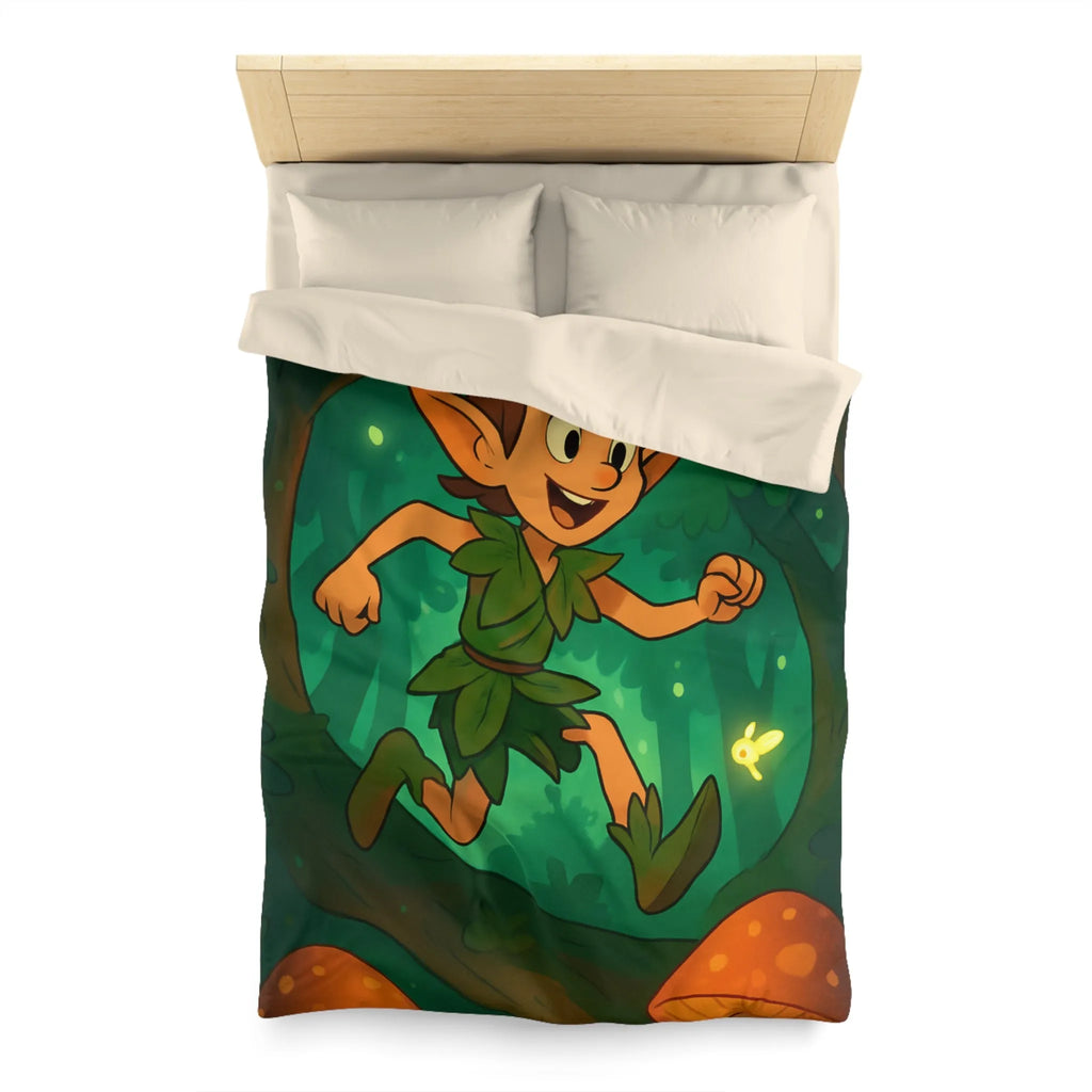 Housse de couette féérique avec elfes sautant parmi champignons lumineux en forêt