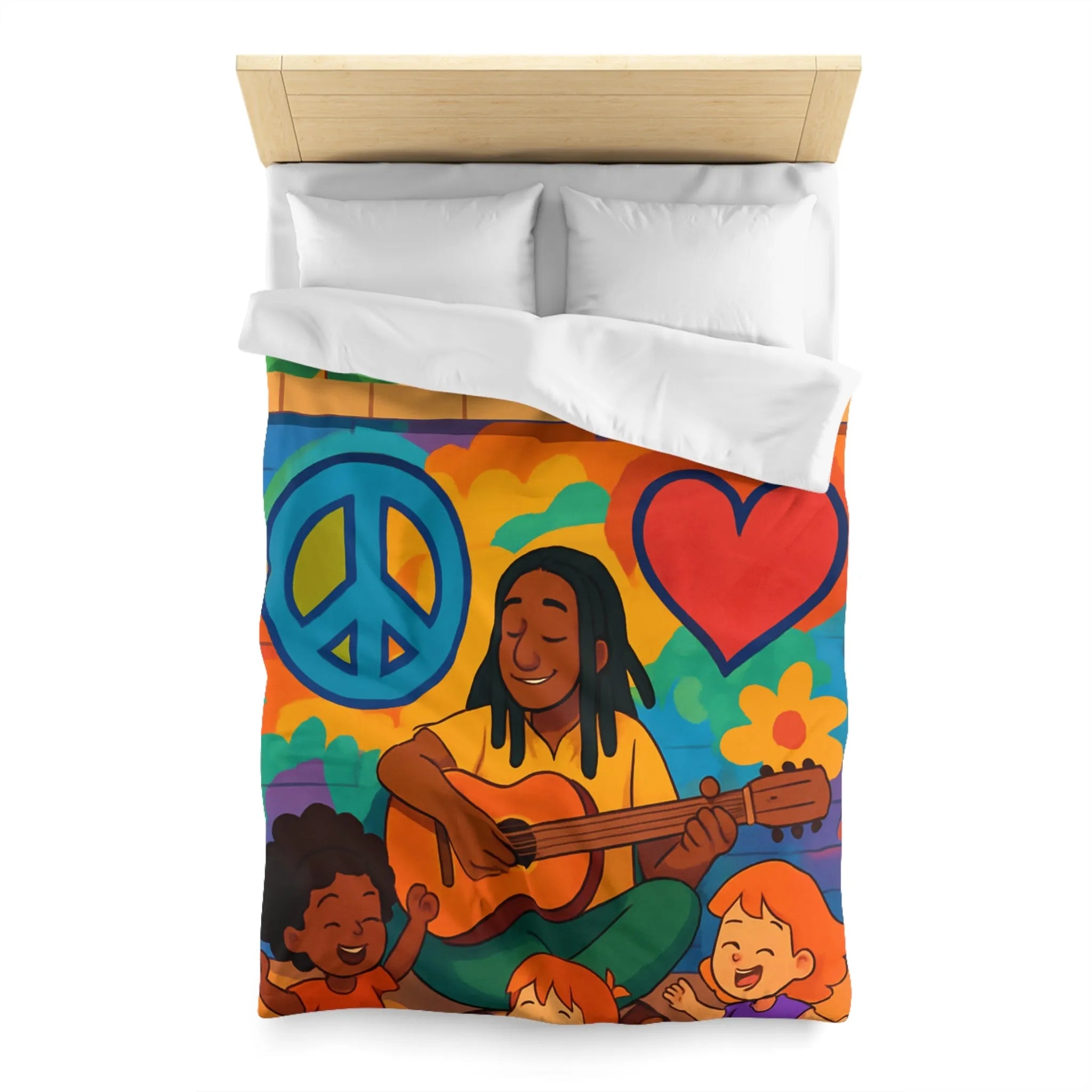 Housse de Couette Colorée avec Musicien Jouant de la Guitare pour Enfants Heureux