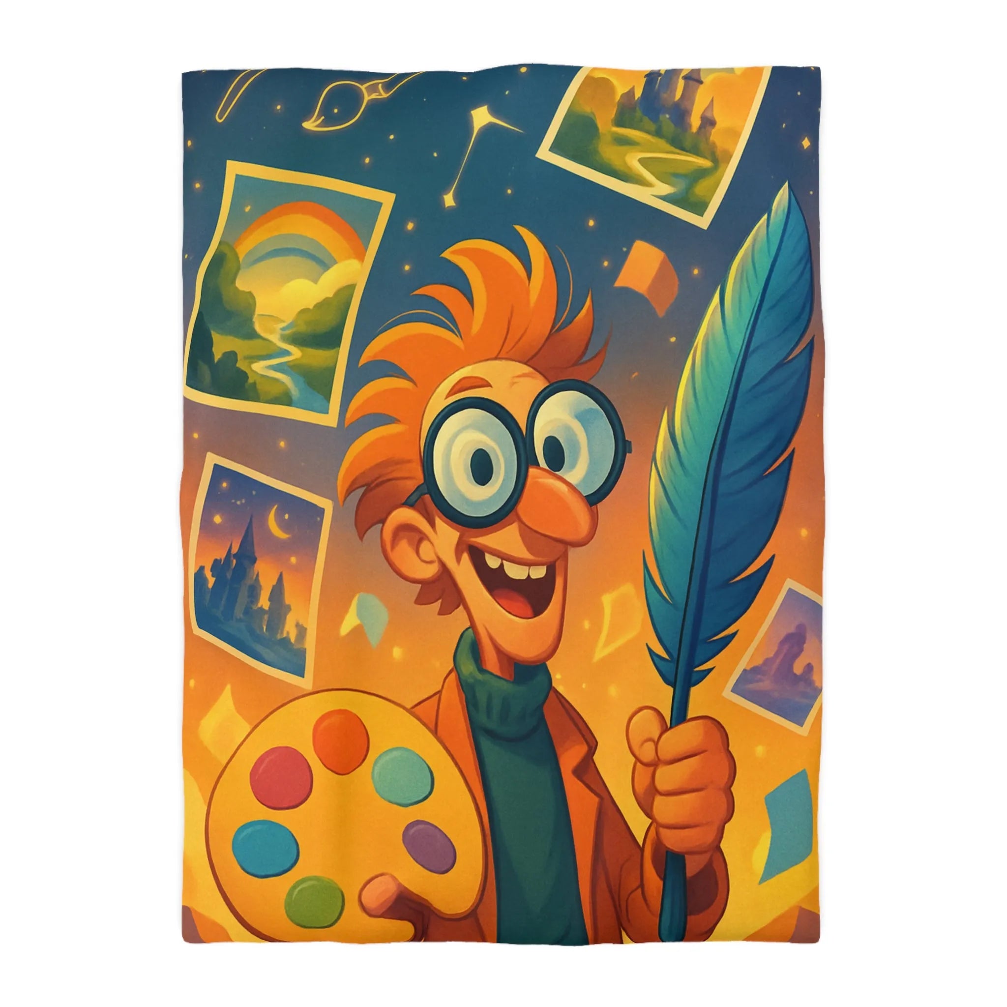 Housse de couette colorée avec paysage de conte de fées et artiste joyeux