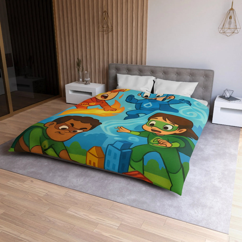 Housse de couette enfant avec super-héros colorés en action dans une ville imaginaire
