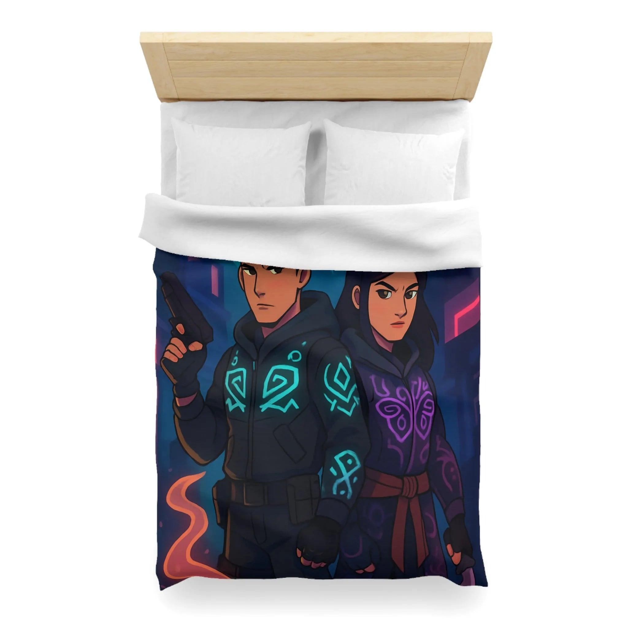 Housse de couette avec motifs mystiques de loup et hibou luminescents en néon urbain