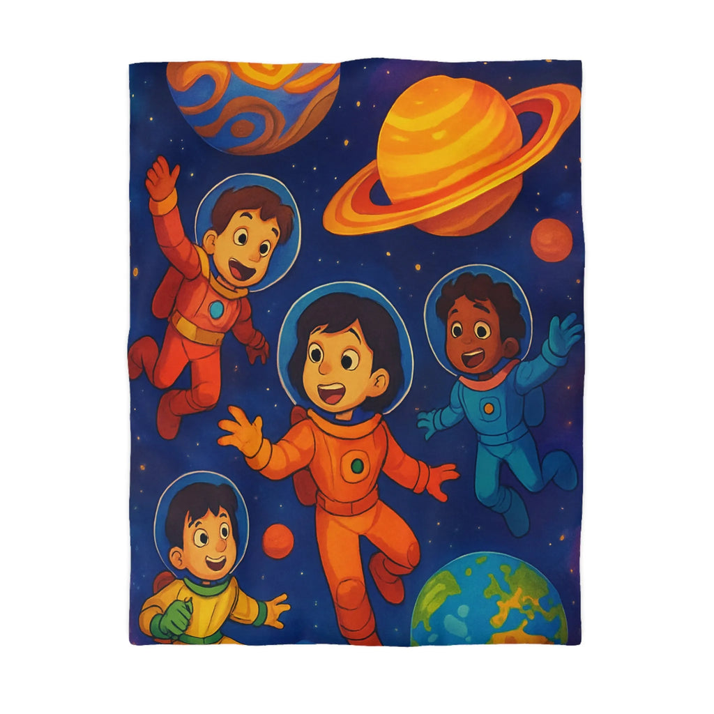 Housse de couette enfants avec astronautes joyeux flottant dans l'espace coloré et planètes