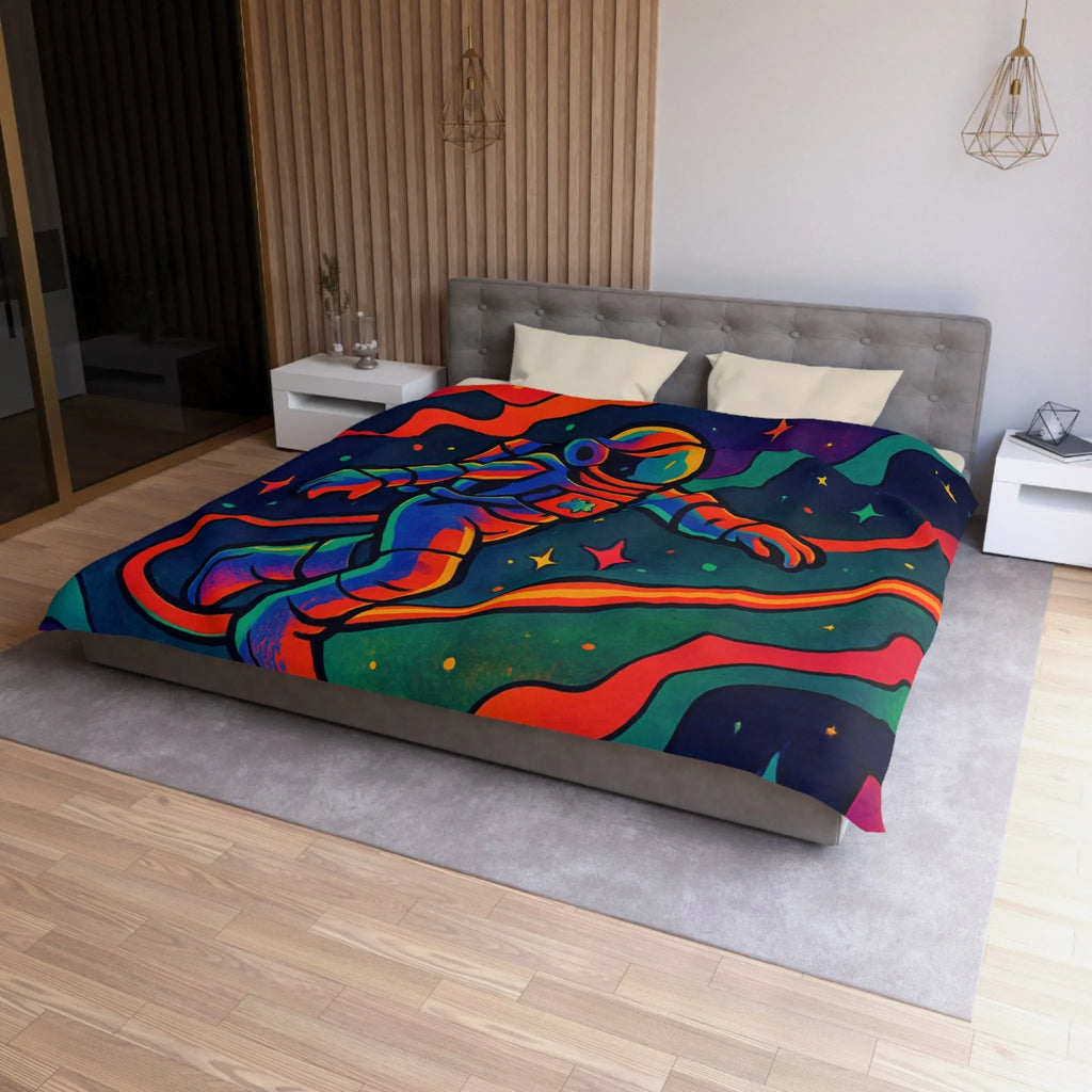 Housse de couette astronaute flottant dans un cosmos aux couleurs psychédéliques vibrantes